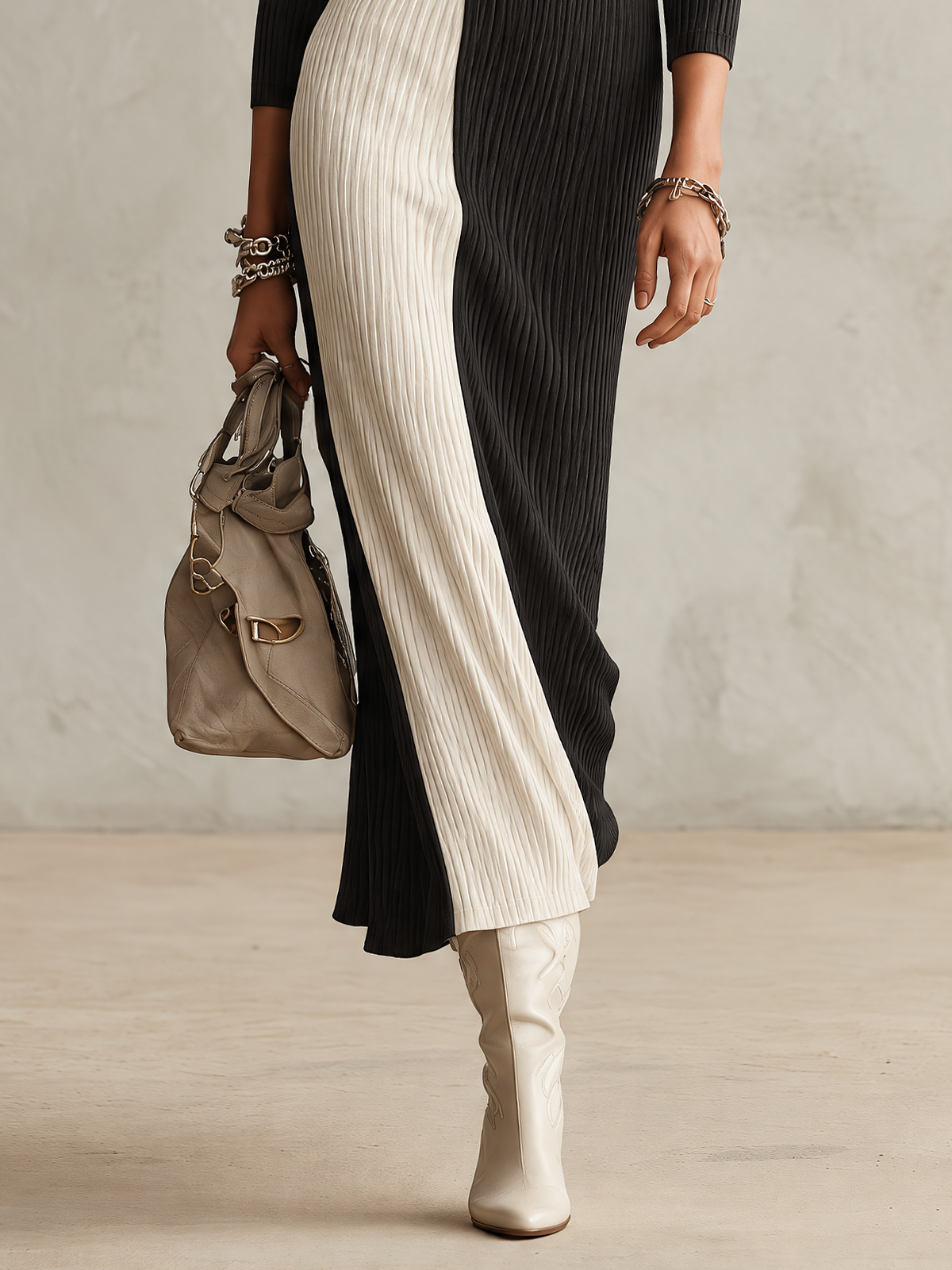 Black And White Color Block Ribbed Knit Maxi Dress