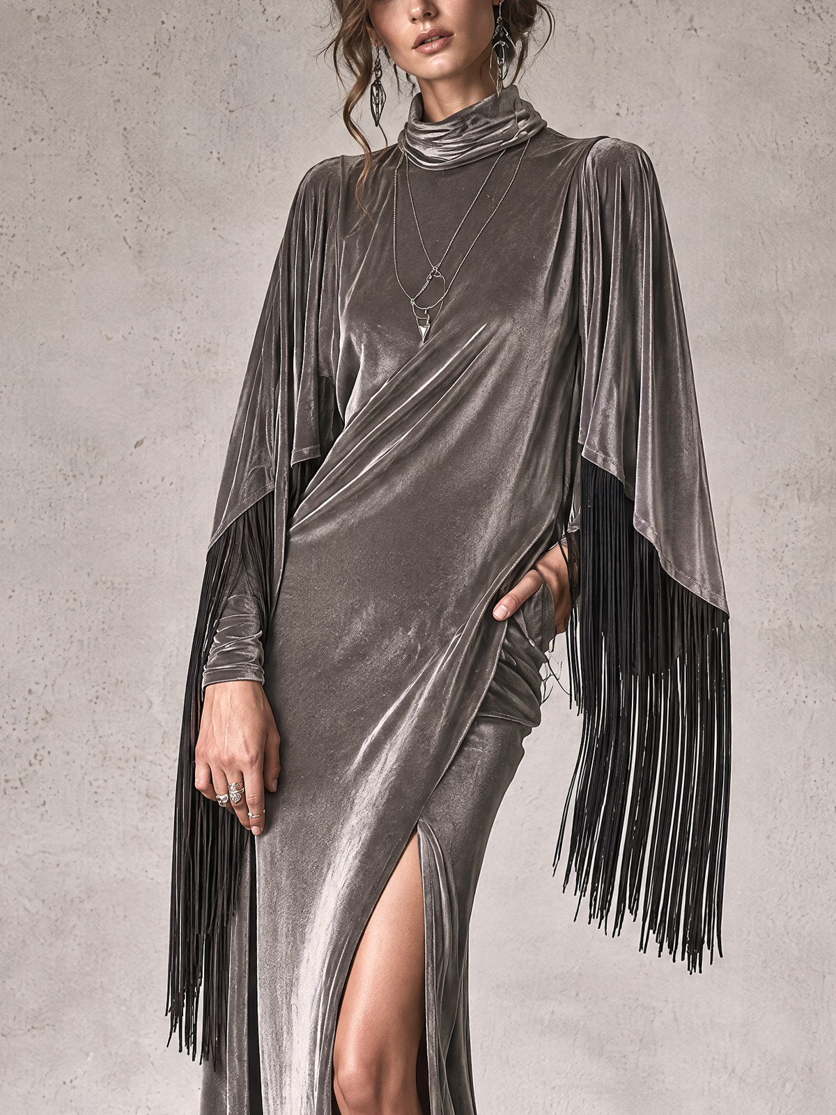 Silver Grey Velvet Maxi Dress With Black Fringe Cape Sleeves
