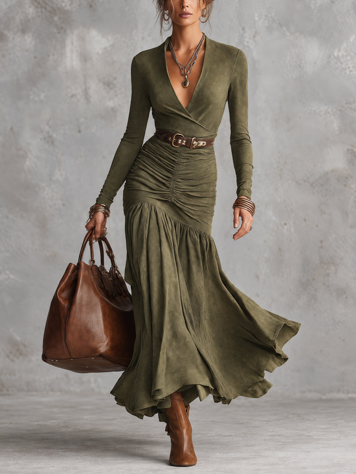 Olive Green V-Neck Long Sleeve Faux Suede Ruched Maxi Dress