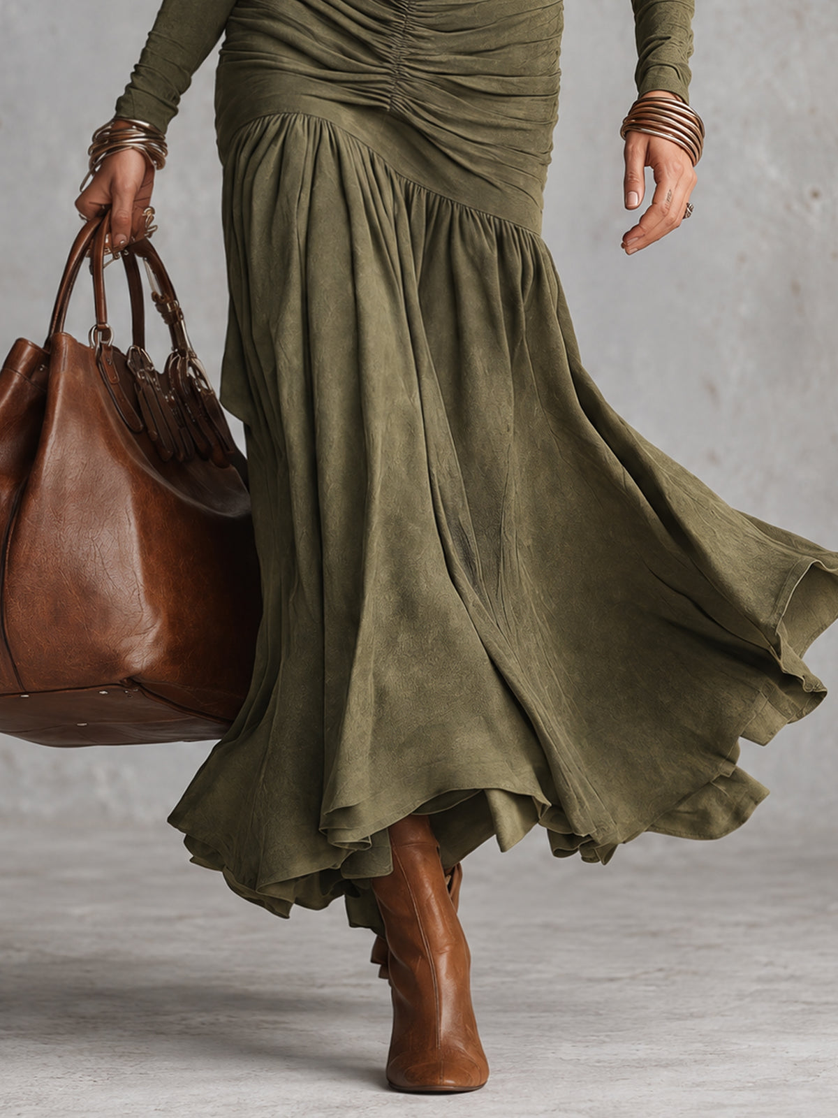 Olive Green V-Neck Long Sleeve Faux Suede Ruched Maxi Dress