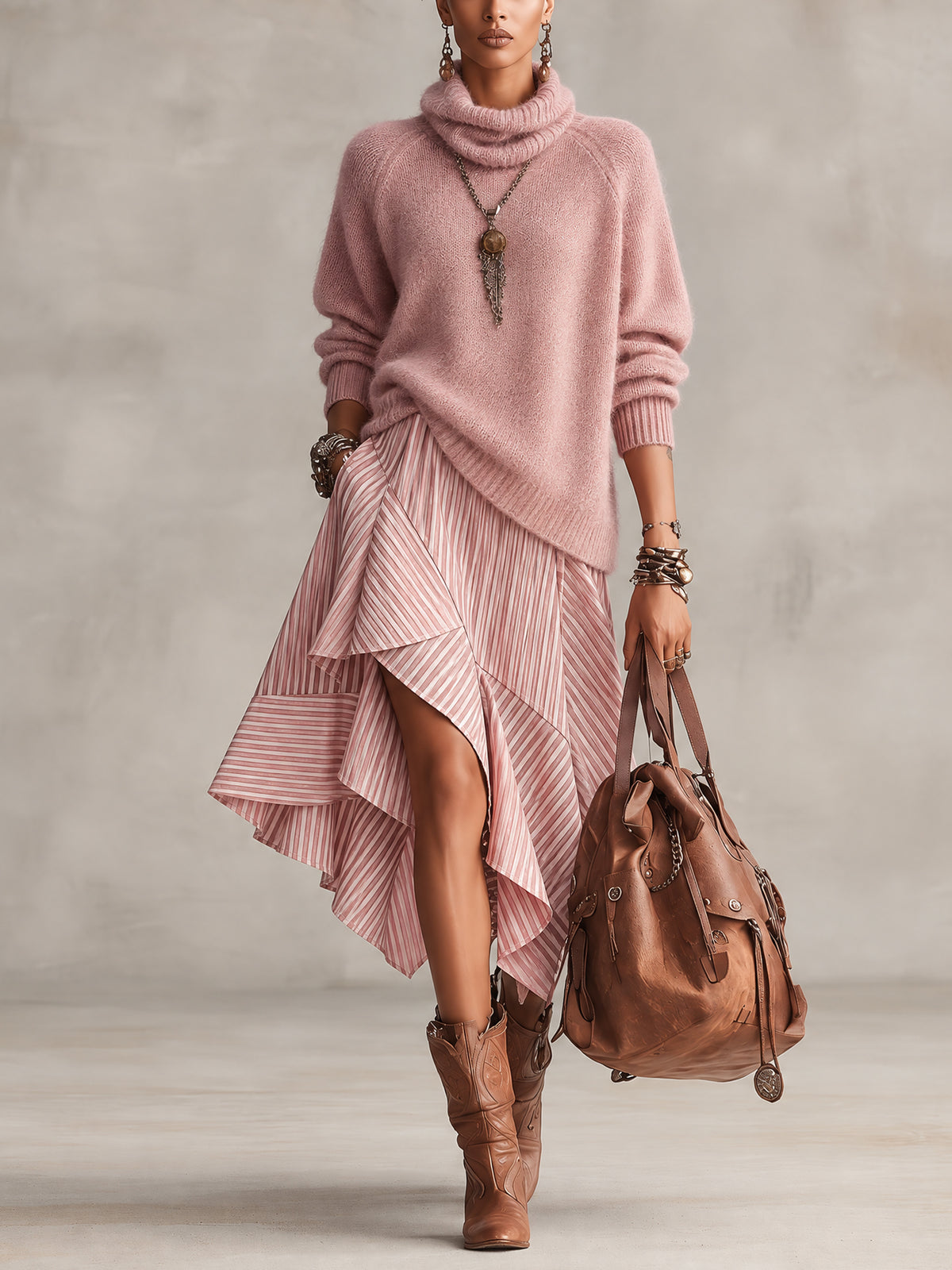Pink Oversized Turtleneck Mohair Sweater And Striped Asymmetric Midi Skirt Set