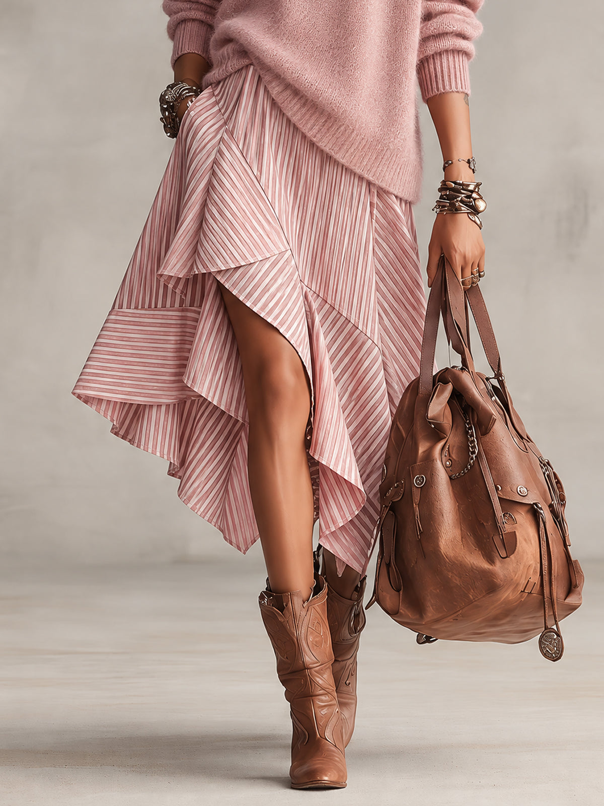Pink Oversized Turtleneck Mohair Sweater And Striped Asymmetric Midi Skirt Set
