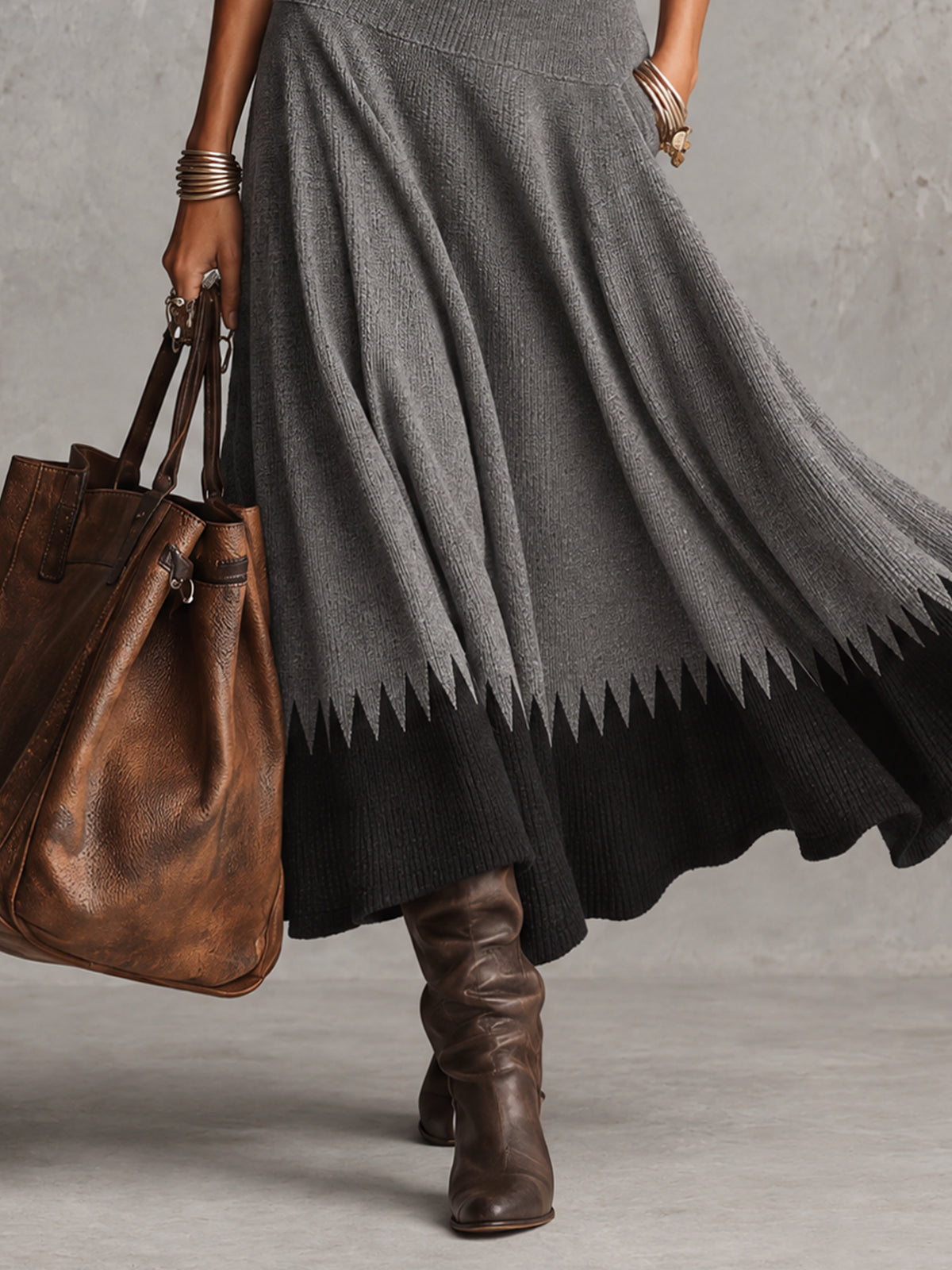Gray And Black Colorblock Zigzag Trim Turtleneck Knit Maxi Dress