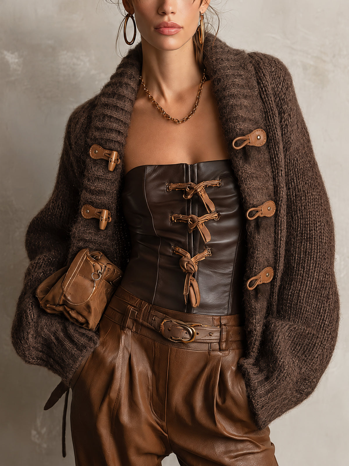 Chocolate Brown Oversized Shawl Collar Mohair Knit Cardigan