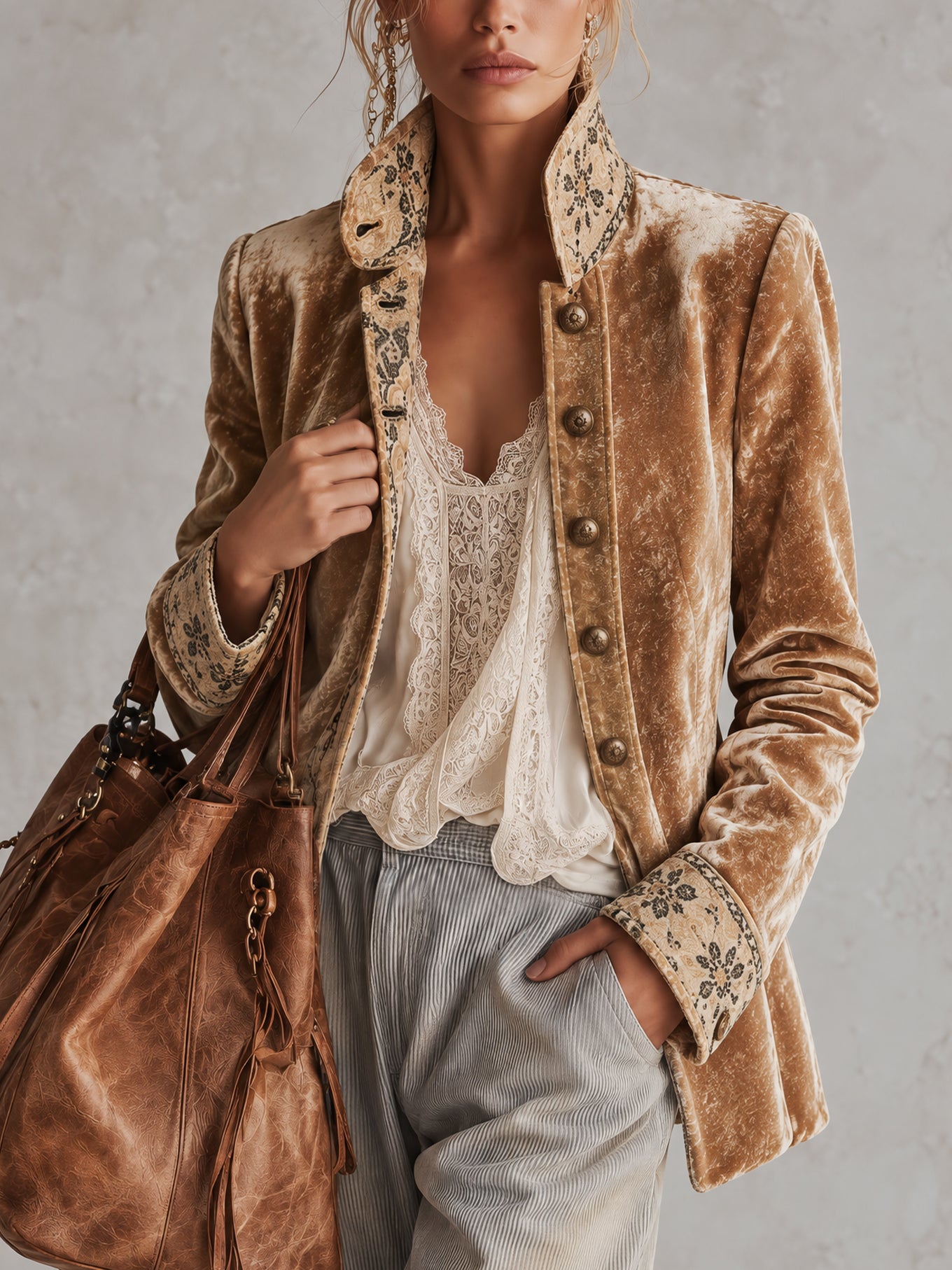 Golden Crushed Velvet Floral Print Trim Stand Collar Jacket