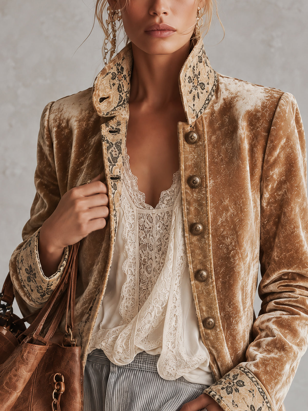 Golden Crushed Velvet Floral Print Trim Stand Collar Jacket