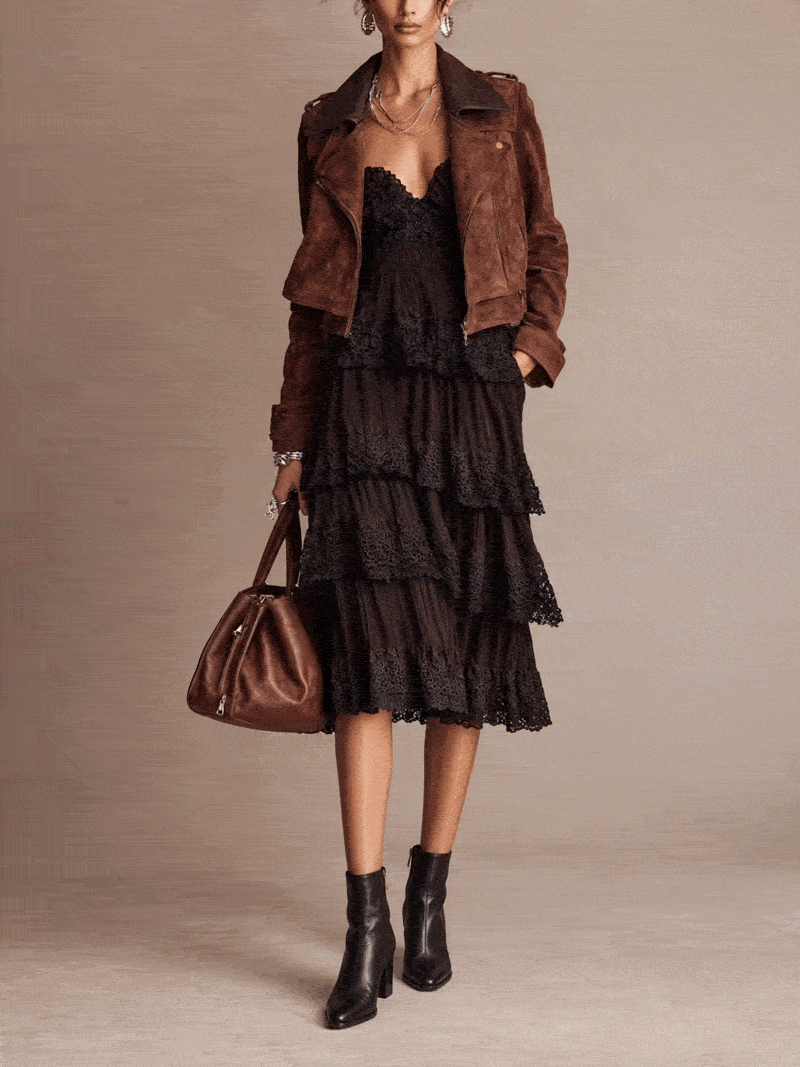 Dark Brown Lace Tiered Slip Midi Dress With Cropped Suede Moto Jacket Set
