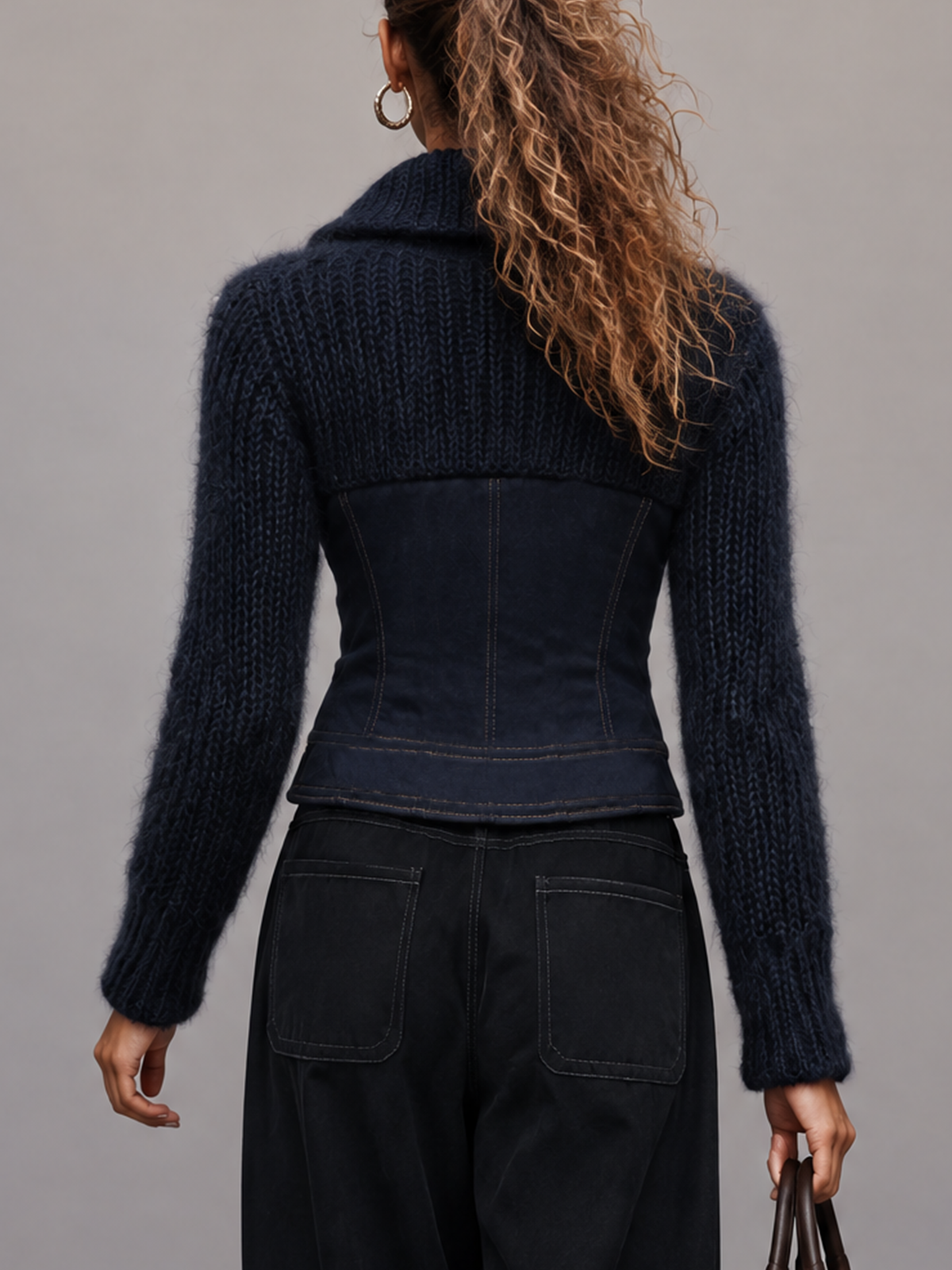 Navy Knit And Faux Suede Double Breasted Jacket