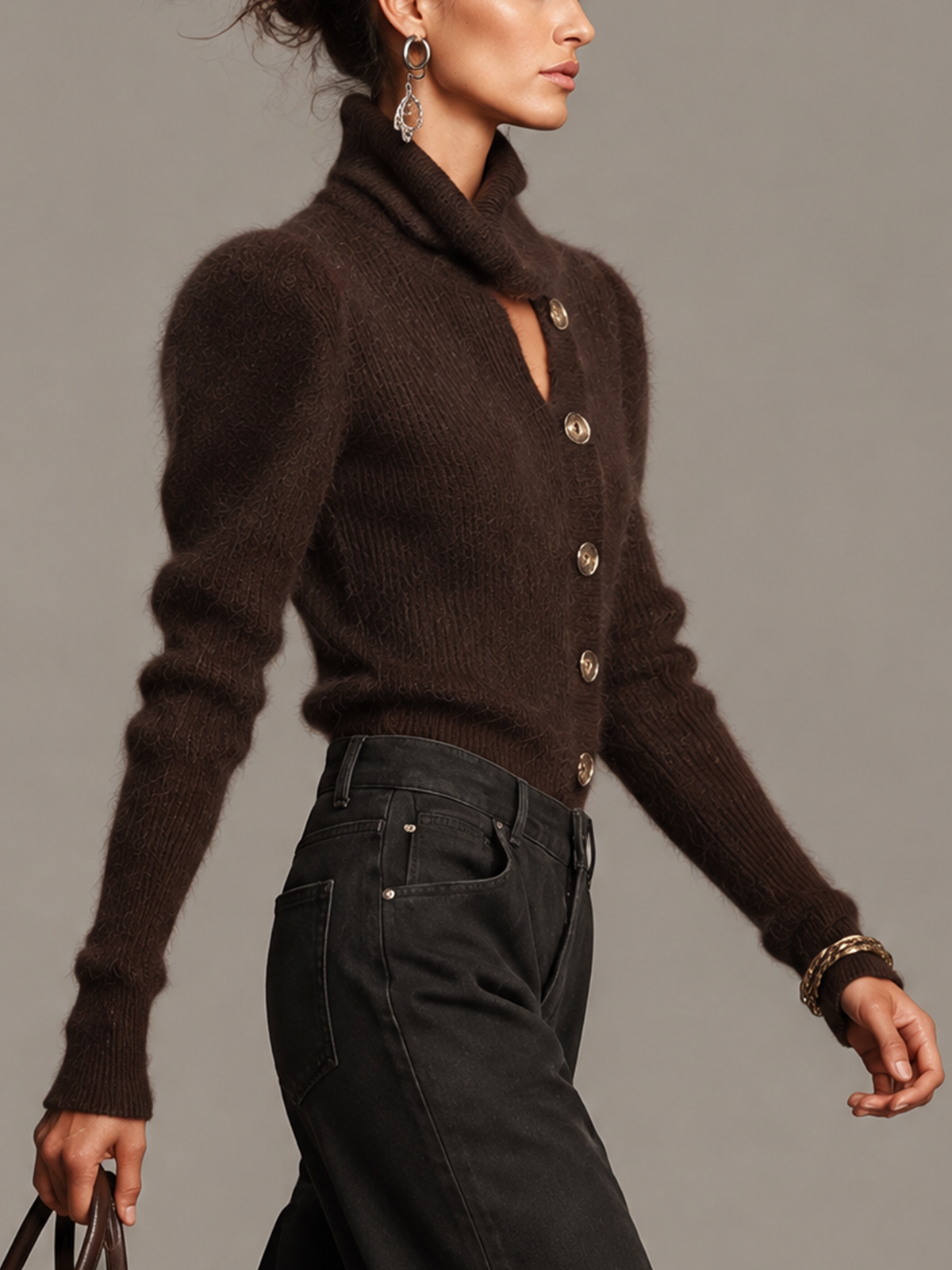 Dark Brown Fuzzy Turtleneck Knit Sweater