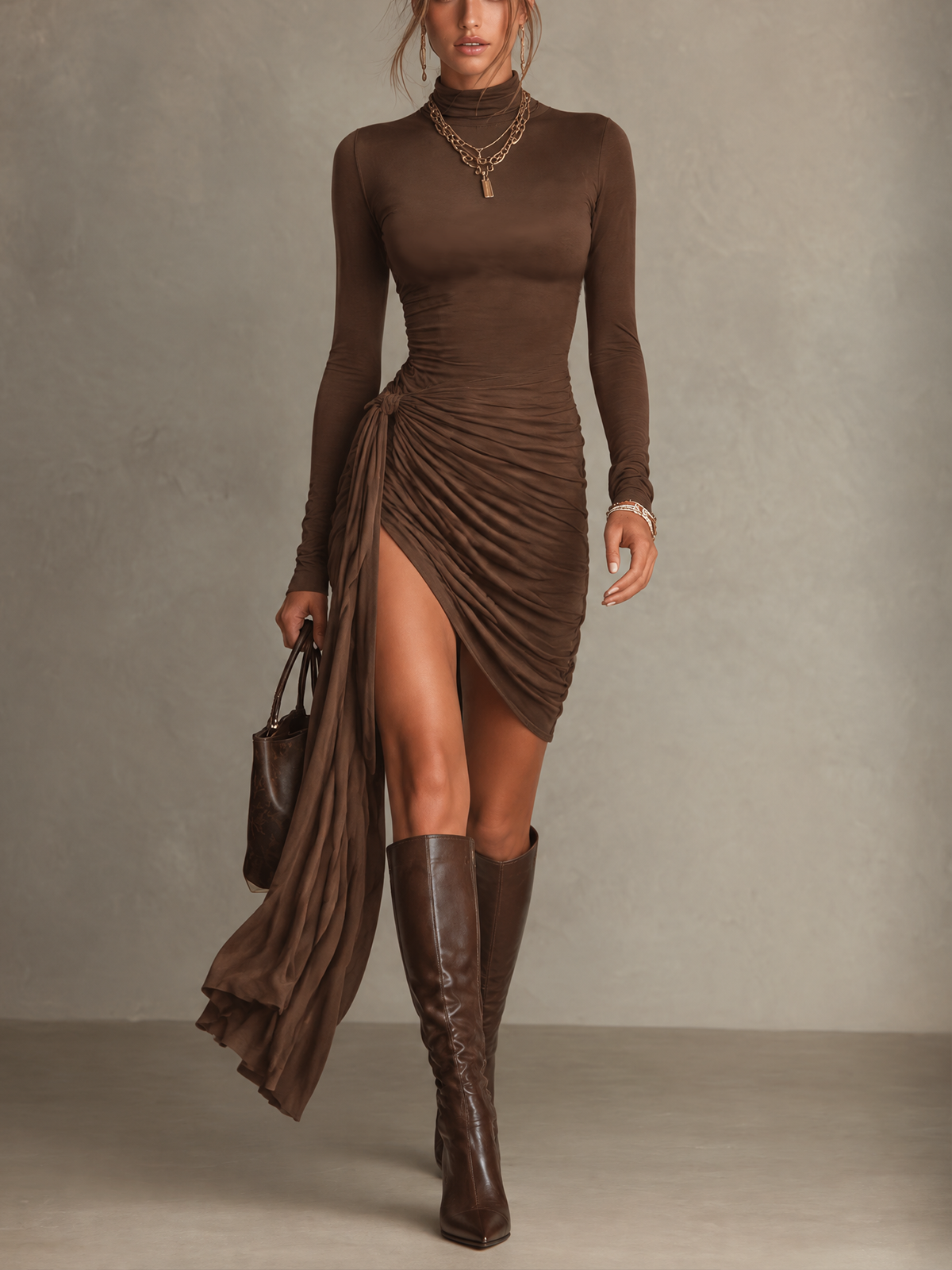 Brown Turtleneck Long Sleeve Ruched Wrap Mini Dress