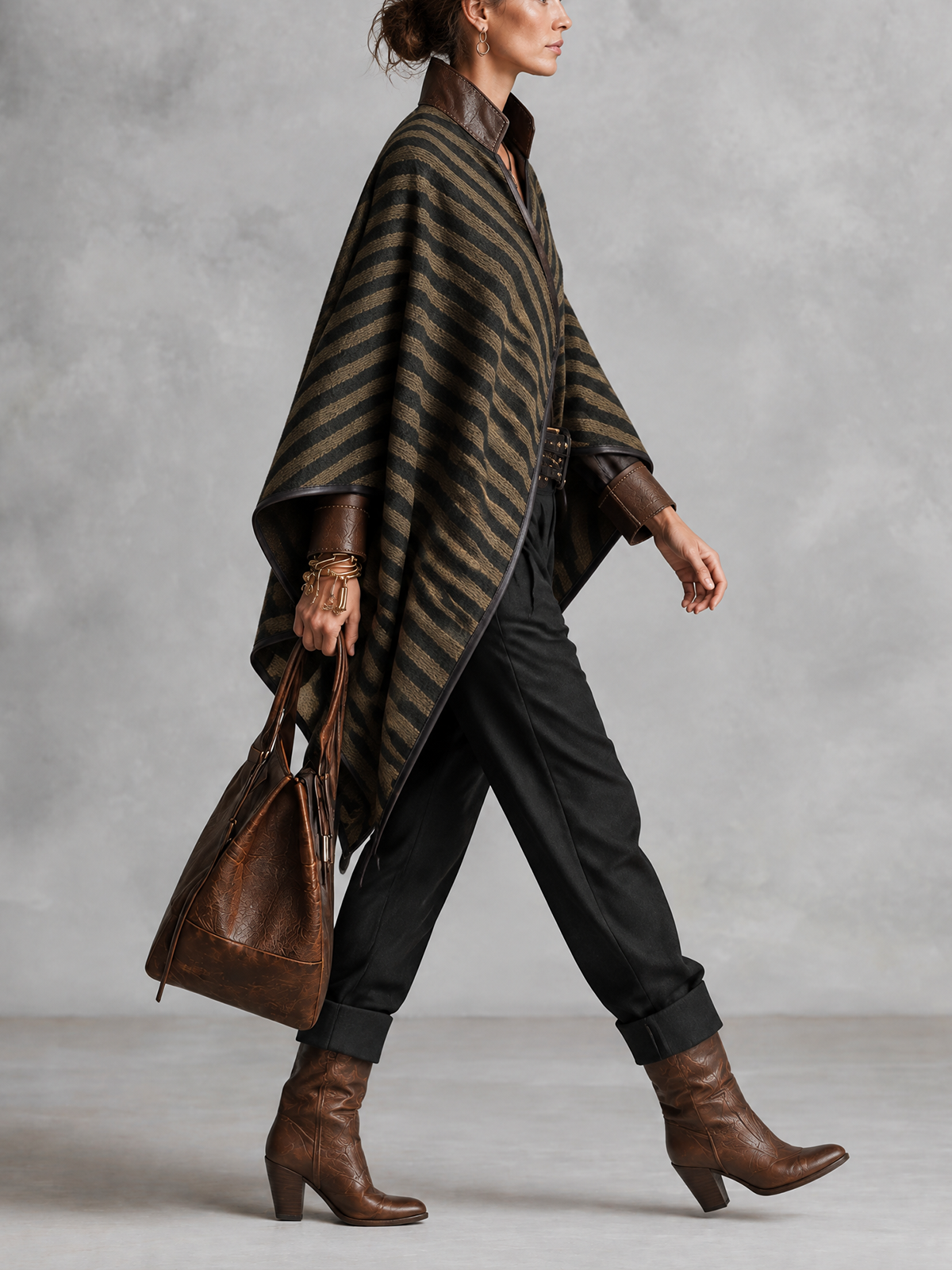 Brown Striped Blend Leather Trim Cape Coat