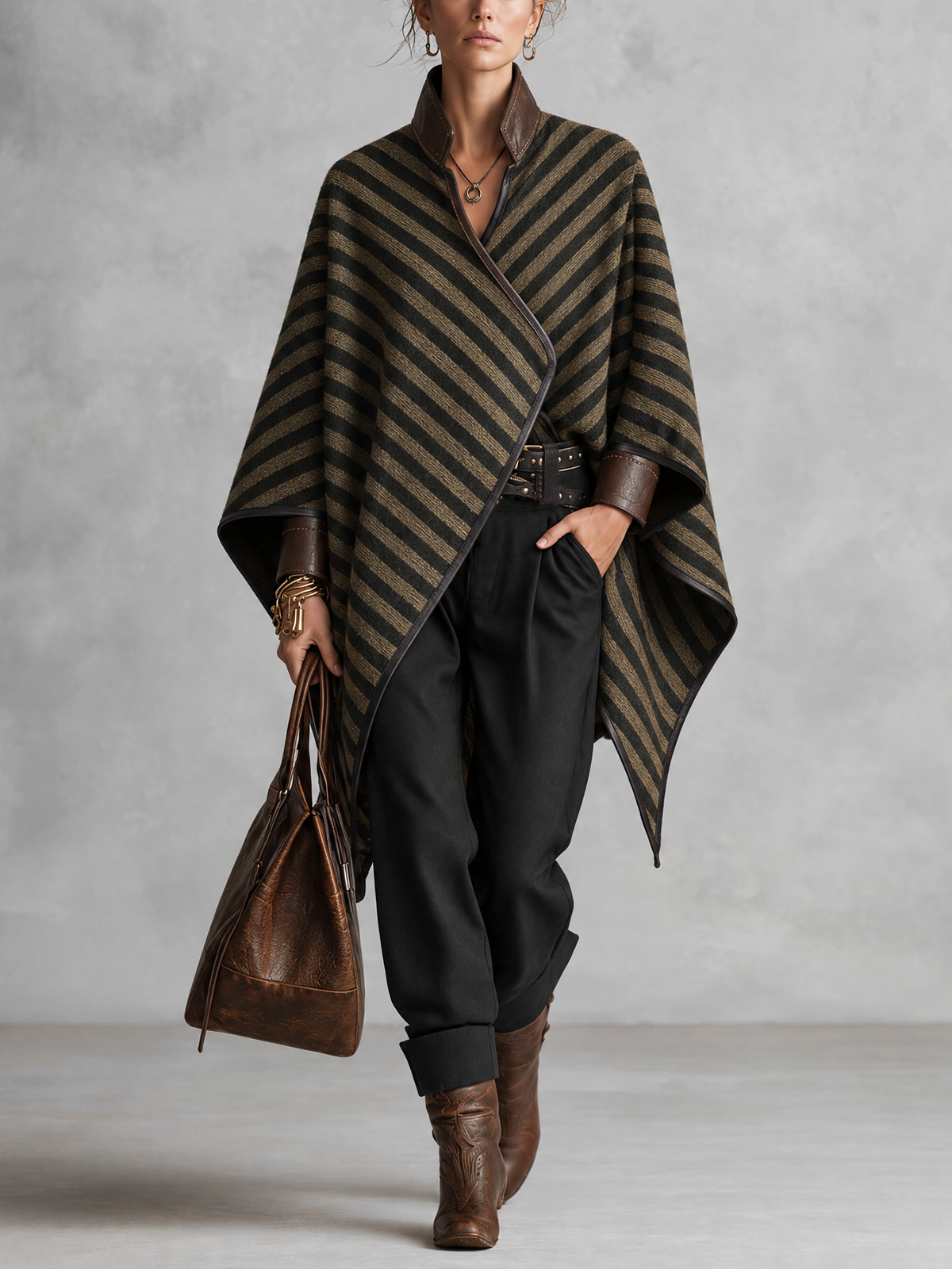Brown Striped Blend Leather Trim Cape Coat