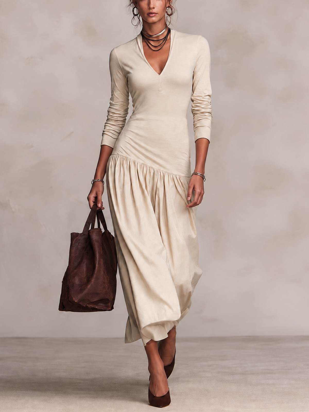 Cream Mixed Fabric V-Neck Long Sleeve Maxi Dress