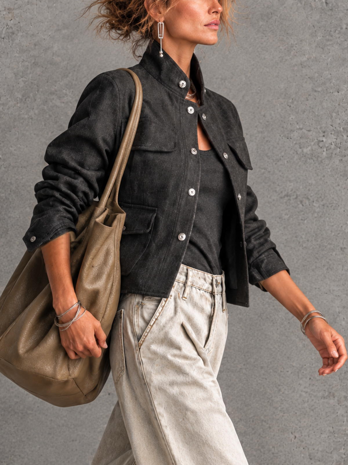 Dark Grey Textured Stand Collar Cropped Utility Jacket