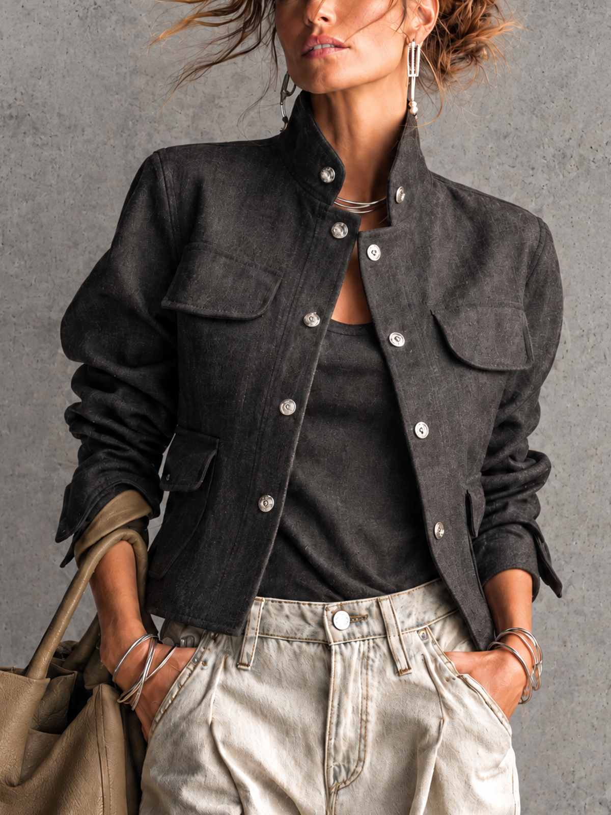 Dark Grey Textured Stand Collar Cropped Utility Jacket