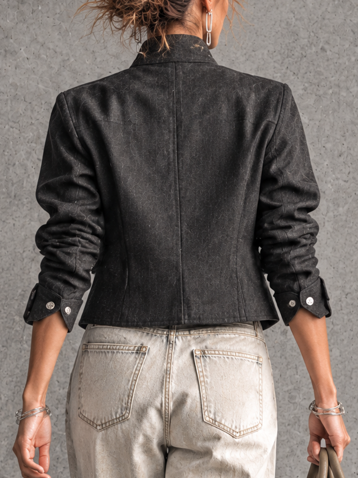 Dark Grey Textured Stand Collar Cropped Utility Jacket