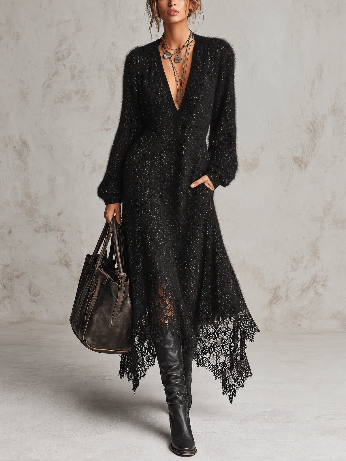 Black Sparkly Knit Midi Dress With Irregular Lace Hem
