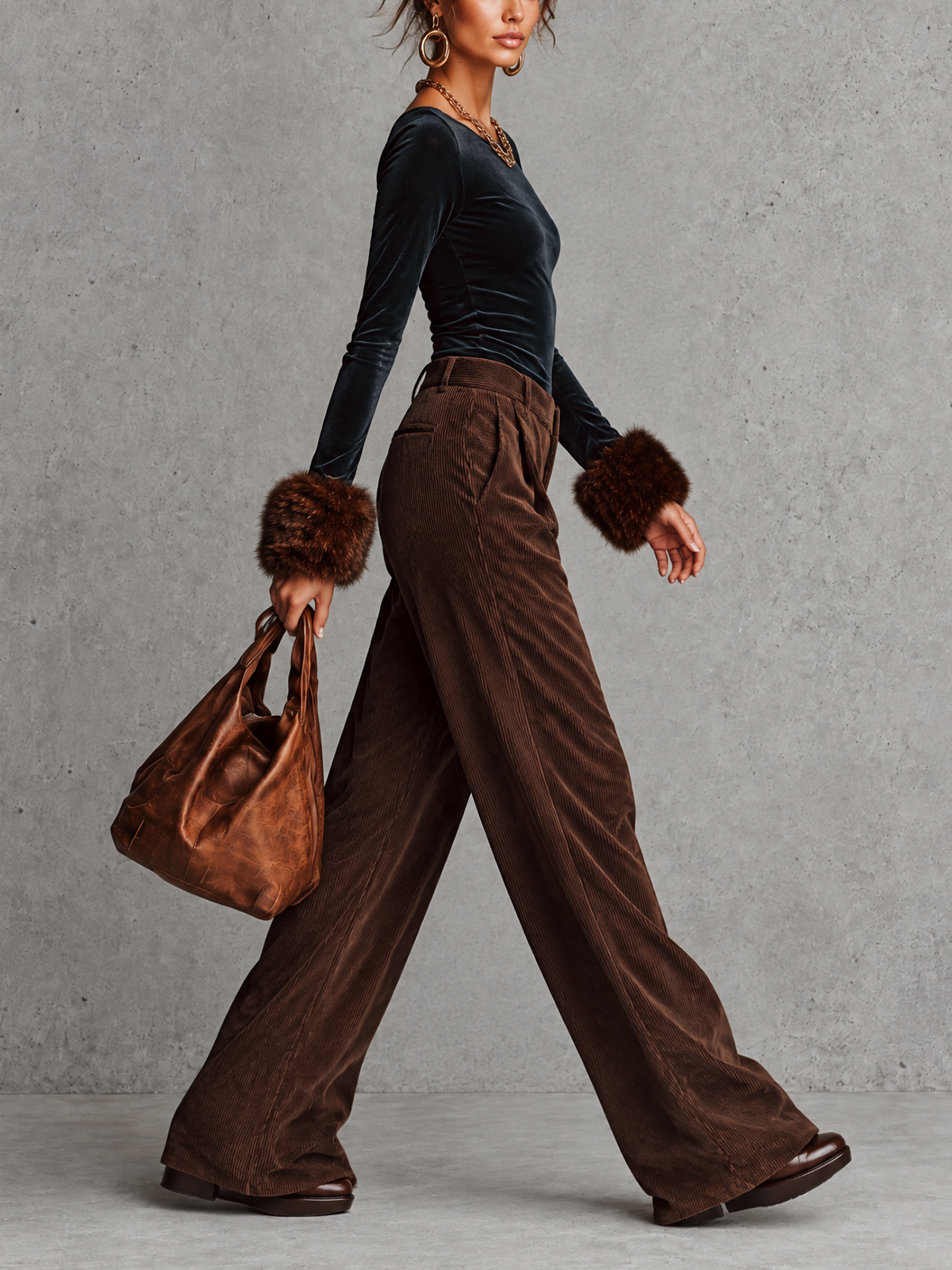 Dark Teal Velvet Faux Fur Cuff Top And Brown Corduroy Wide Leg Pant Set