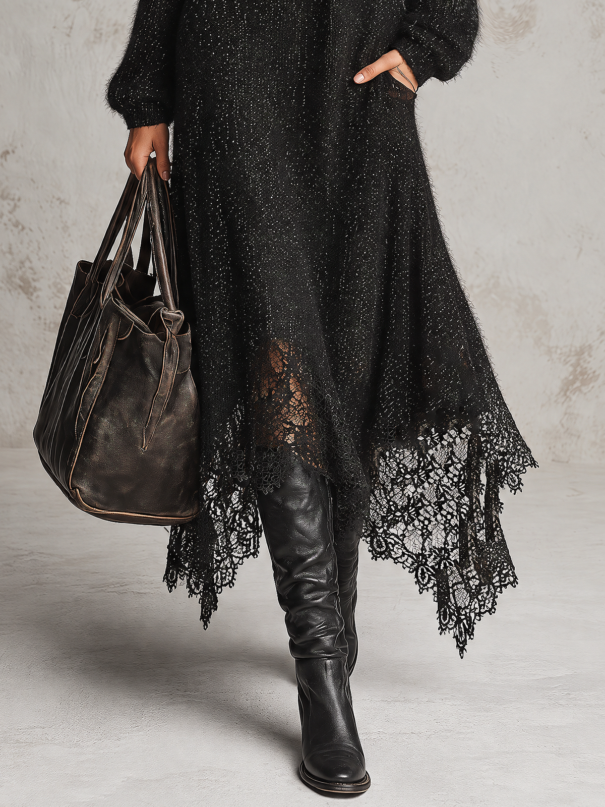Black Sparkly Knit Midi Dress With Irregular Lace Hem