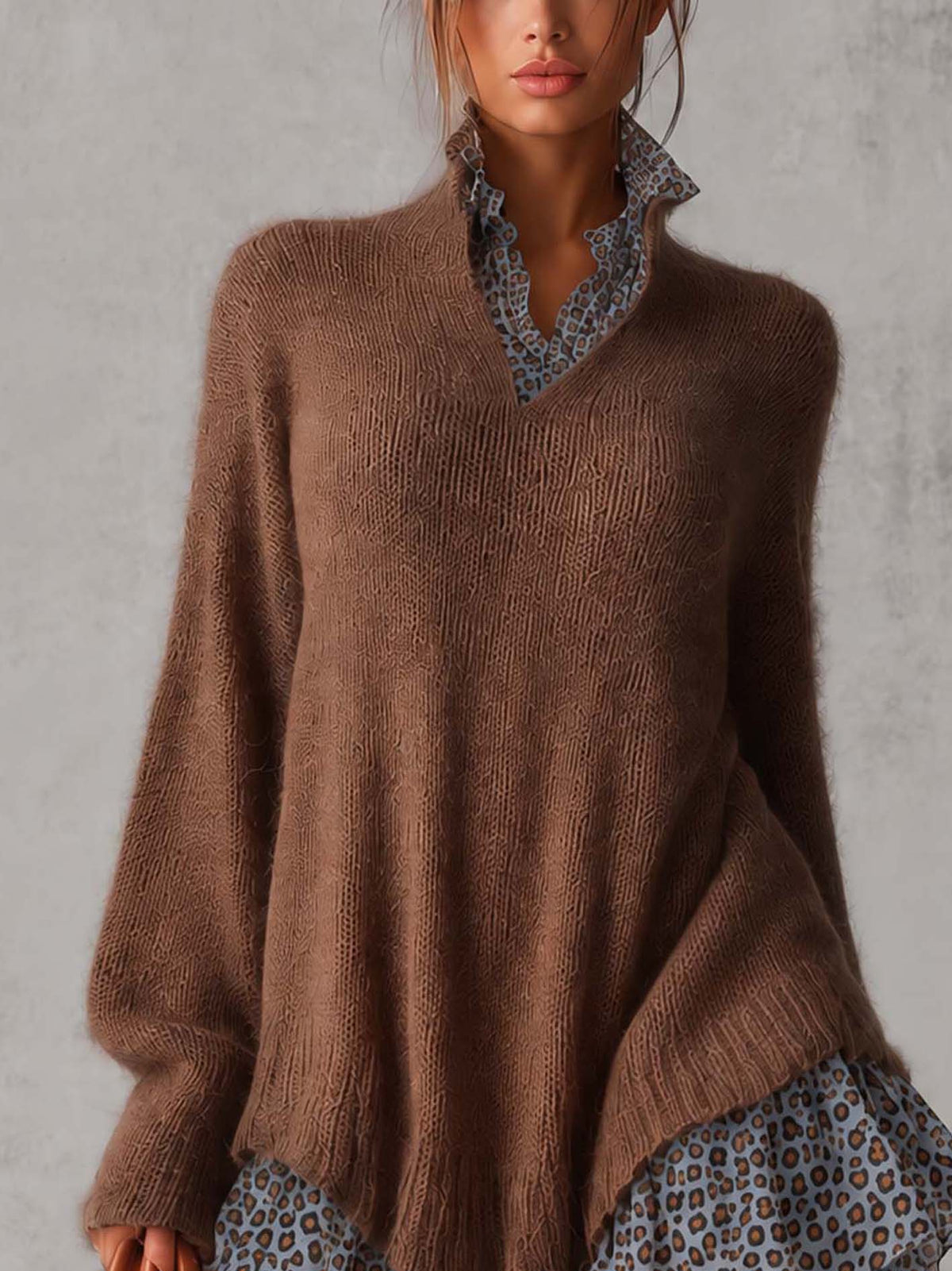 Brown Fuzzy Mohair Knit Mini Dress With Blue Leopard Chiffon Collar And Ruffle Hem