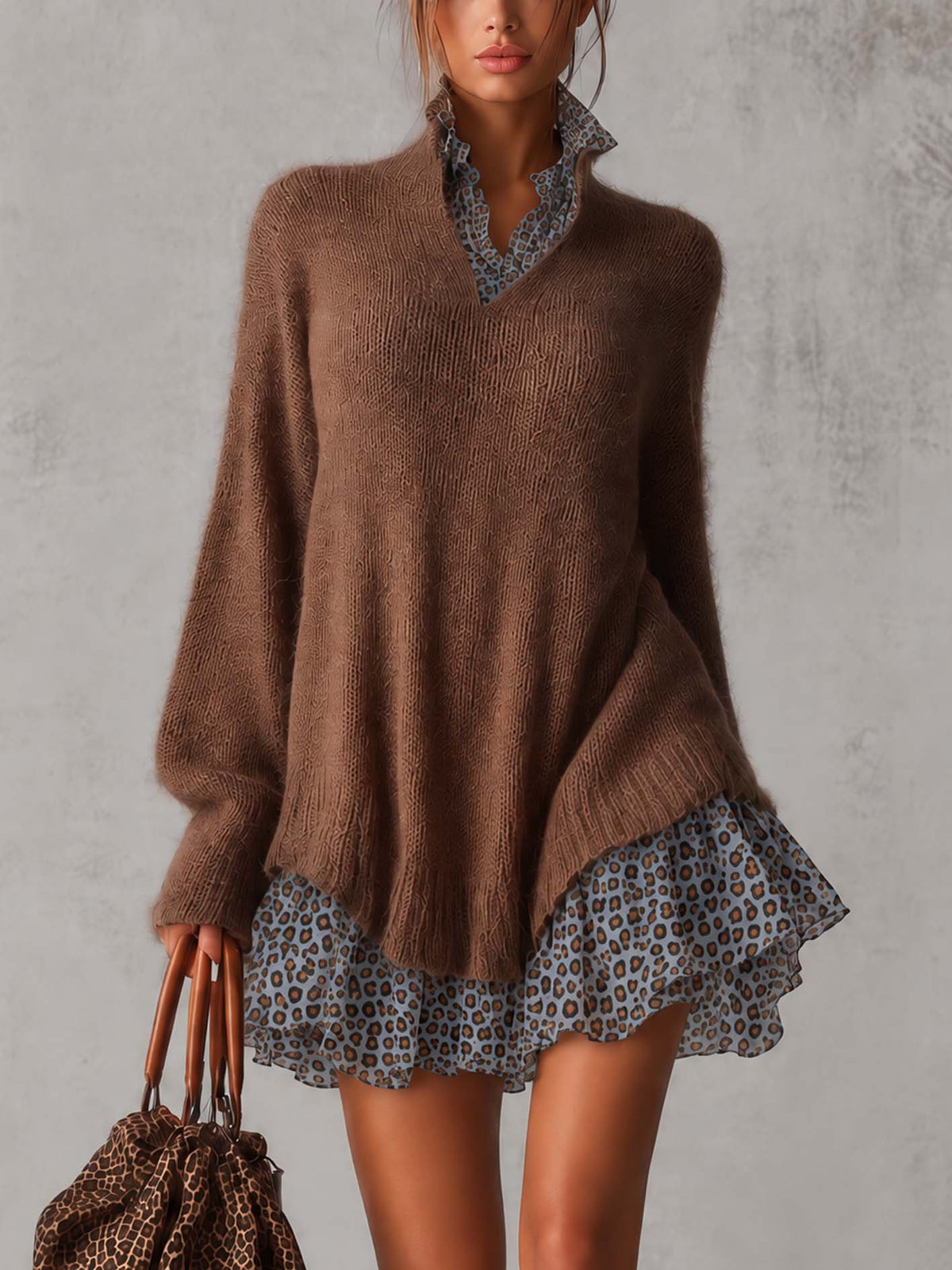 Brown Fuzzy Mohair Knit Mini Dress With Blue Leopard Chiffon Collar And Ruffle Hem