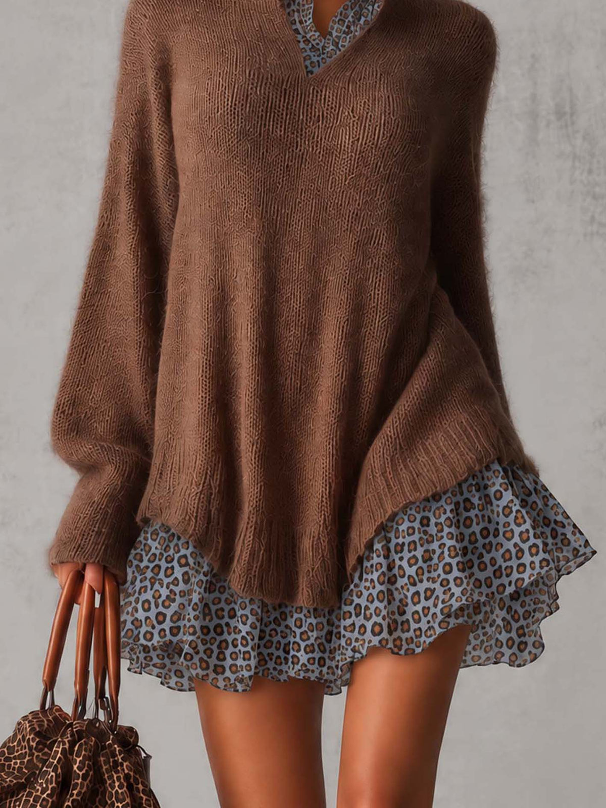 Brown Fuzzy Mohair Knit Mini Dress With Blue Leopard Chiffon Collar And Ruffle Hem
