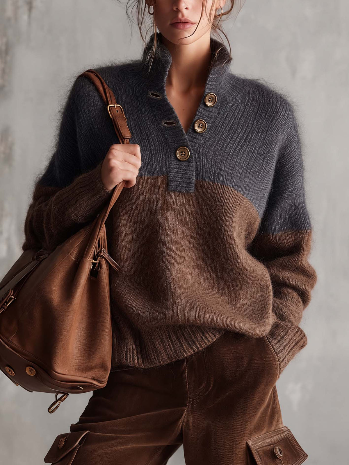 Charcoal Gray And Chocolate Brown Color Block Mohair Sweater With Button Placket