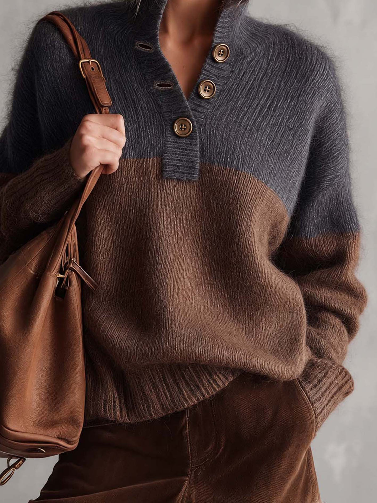 Charcoal Gray And Chocolate Brown Color Block Mohair Sweater With Button Placket