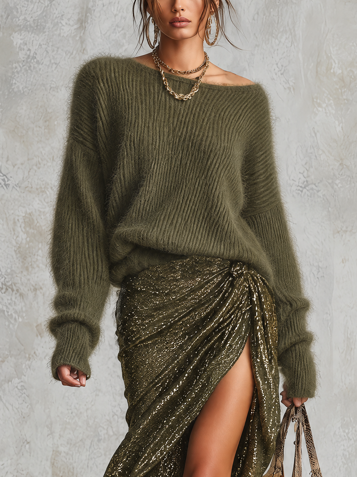 Olive Green Mixed Knit Sequin Midi Dress
