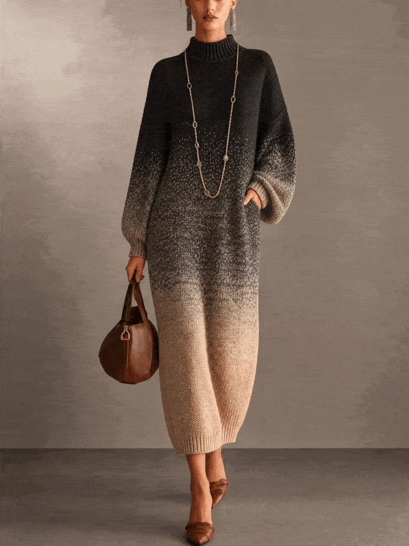 Black To Beige Gradient Turtleneck Knit Maxi Dress