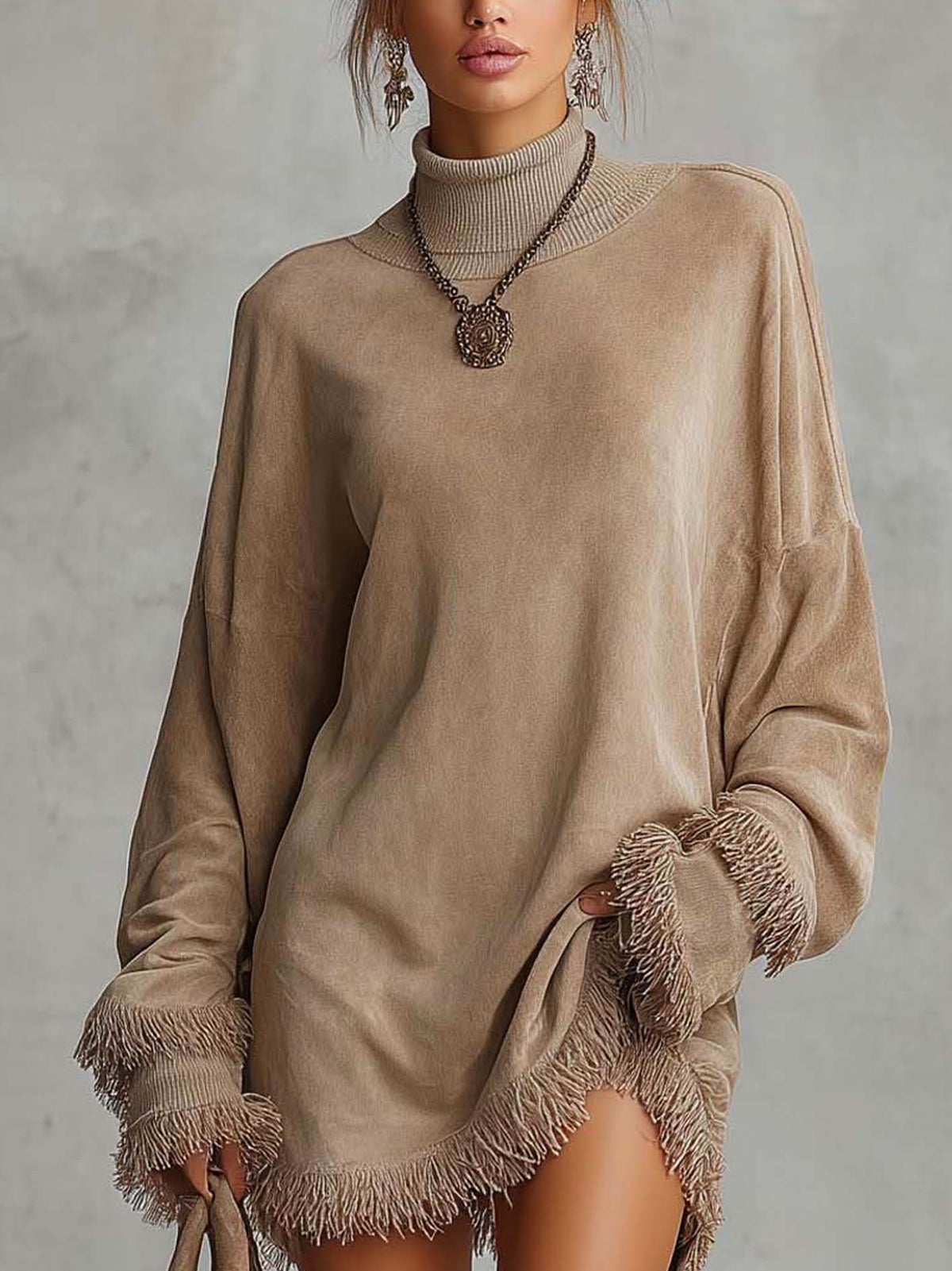 Taupe Faux Suede Oversized Mini Dress With Fringe Trim