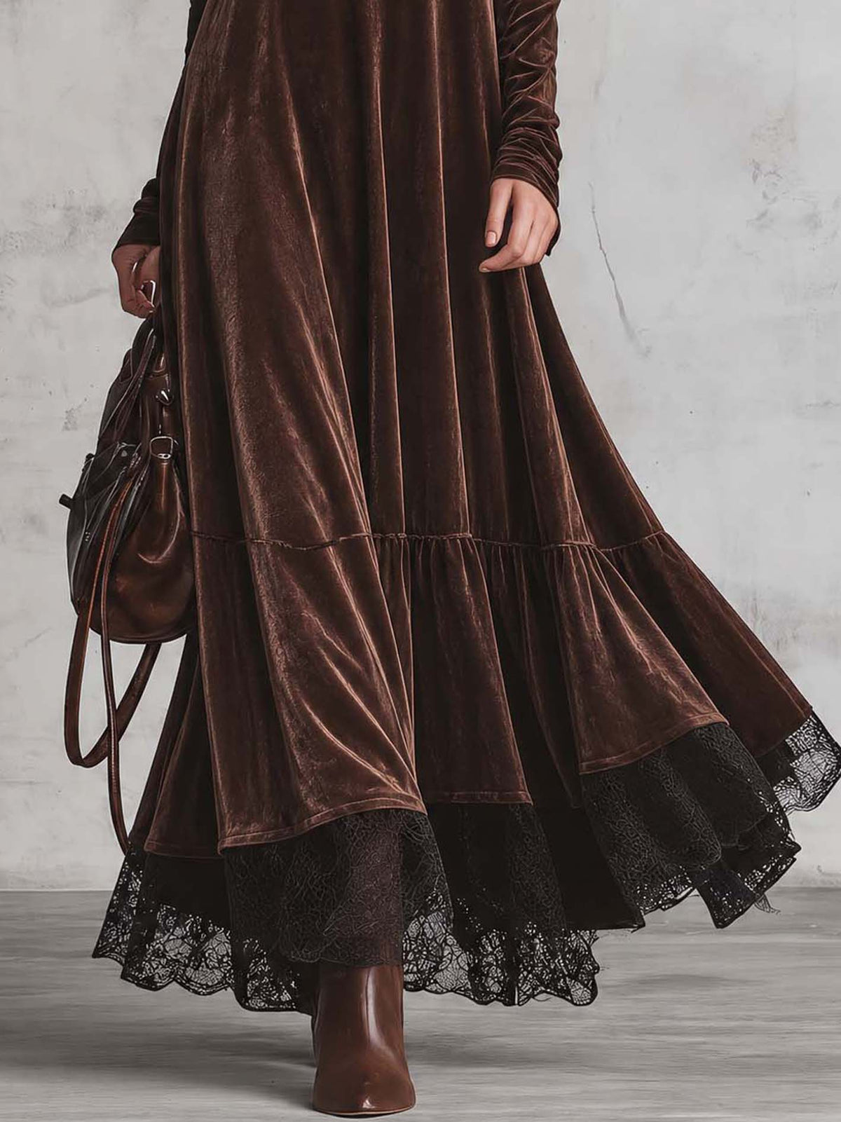 Chocolate Brown Velvet Maxi Dress With Ruffled Neck And Black Lace Hem