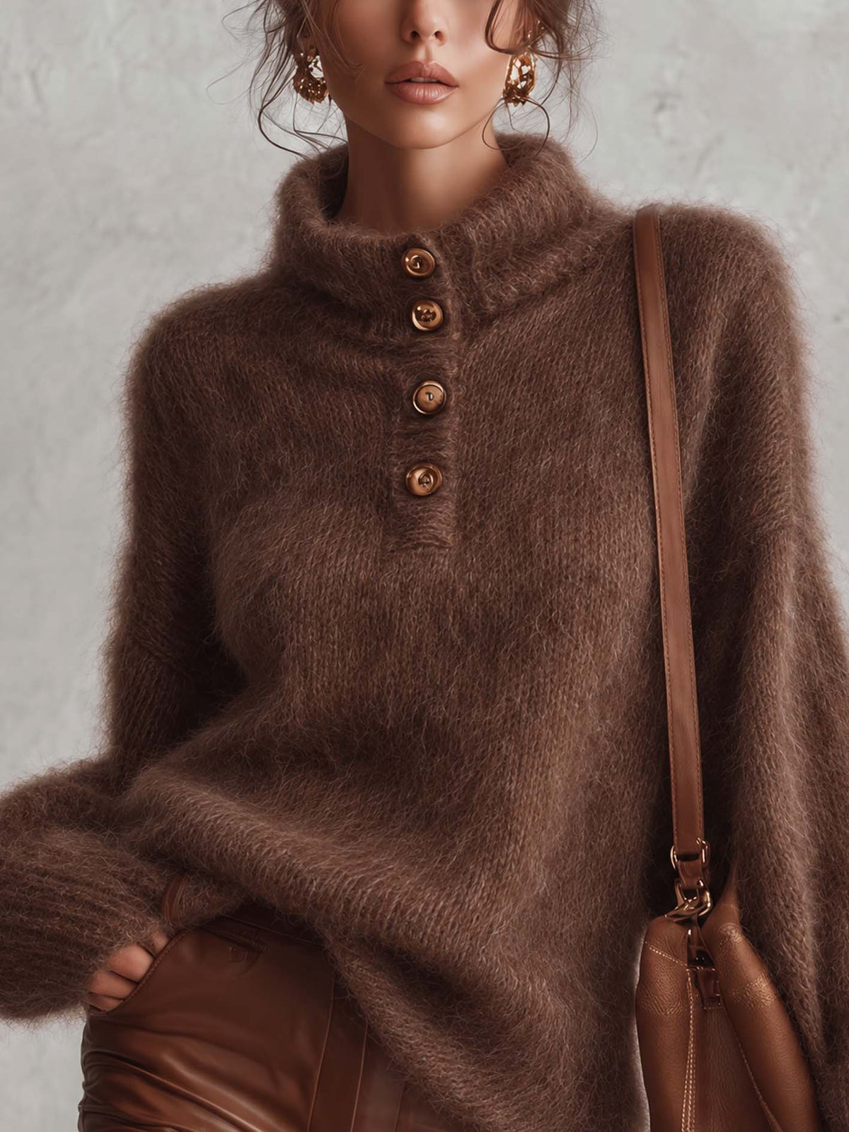 Chocolate Brown Mohair Sweater With Stand Collar And Button Placket
