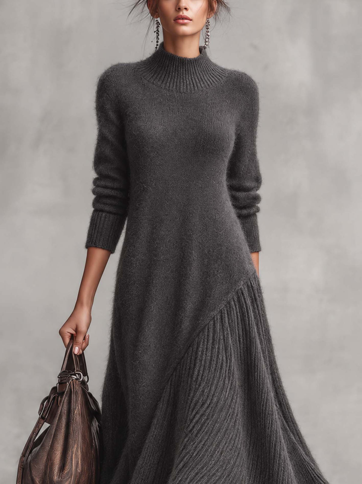 Charcoal Fuzzy Knit Maxi Dress With Ribbed Pleated Patchwork Hem