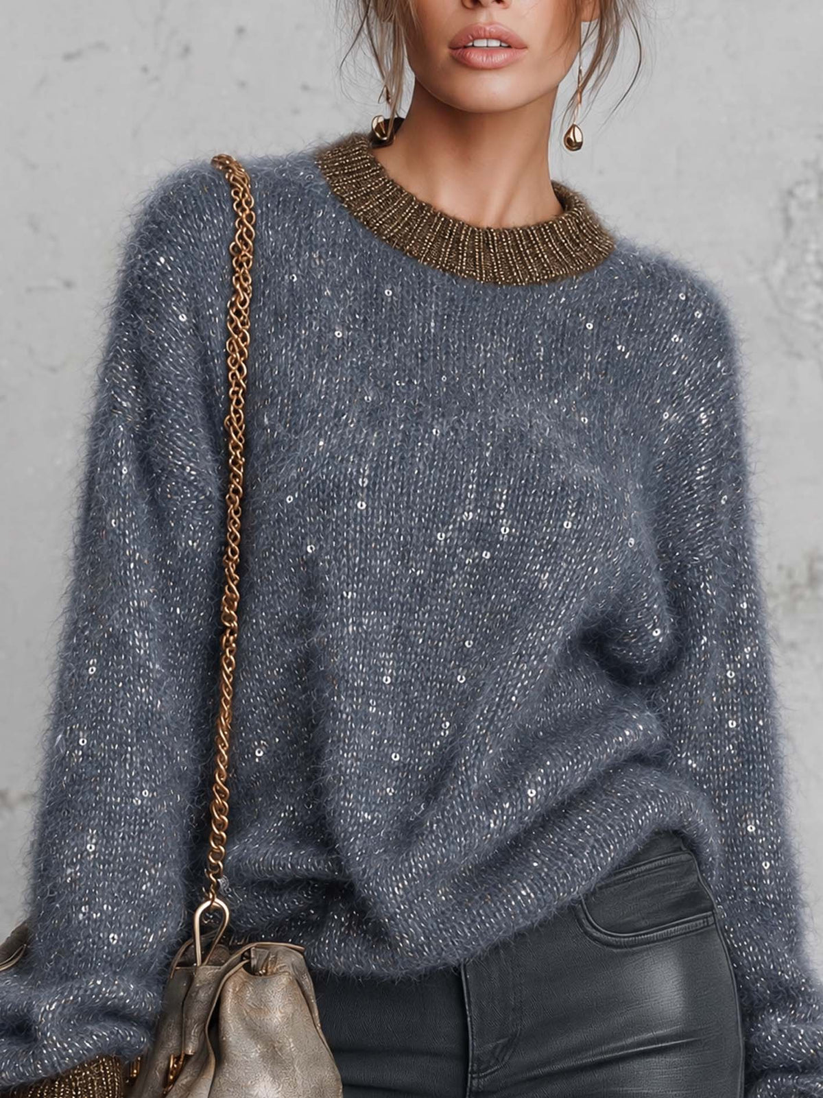 Slate Blue Sequin Knit Sweater With Metallic Contrast Ribbed Trim