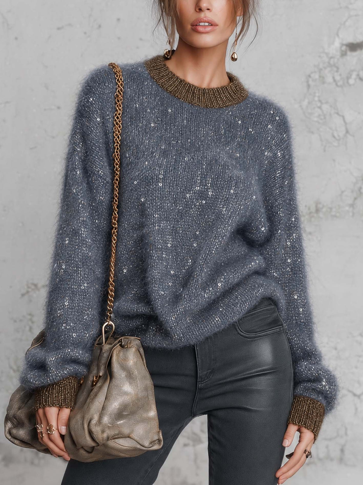 Slate Blue Sequin Knit Sweater With Metallic Contrast Ribbed Trim