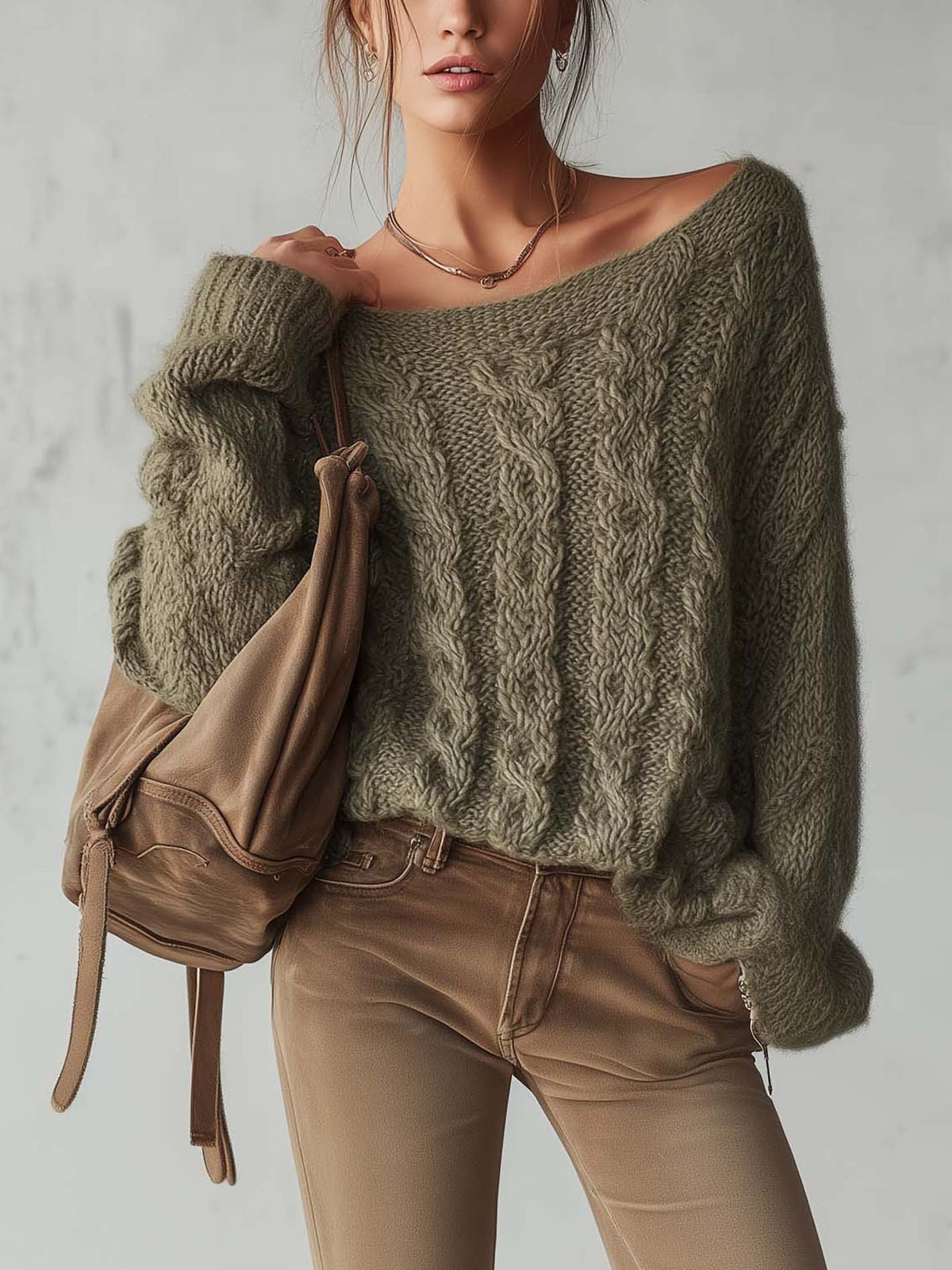 Olive Green Cable Knit Sweater With Convertible One Shoulder Neckline