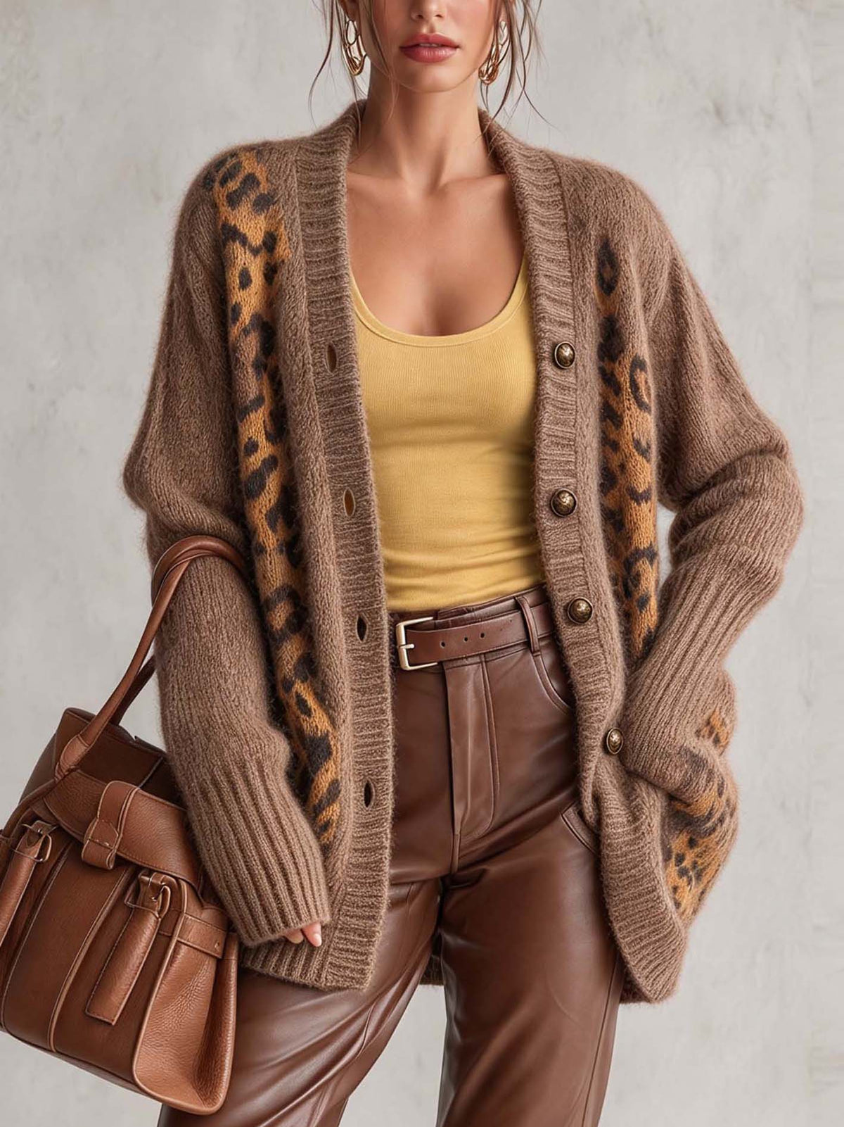 Camel Mohair Cardigan With Leopard Print Panels And Gold Buttons