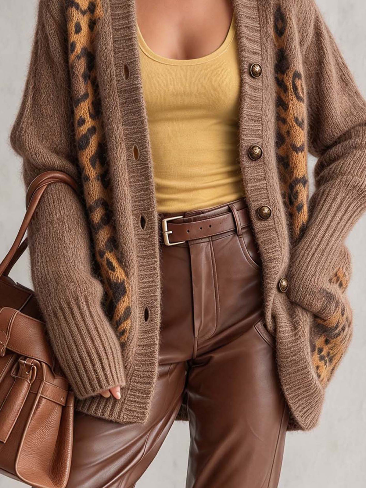 Camel Mohair Cardigan With Leopard Print Panels And Gold Buttons