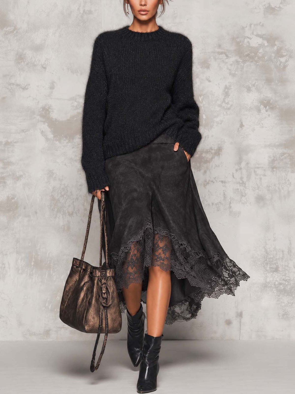 Black Chunky Knit Sweater And Washed Charcoal Faux Suede Lace-Hem Midi Skirt Set