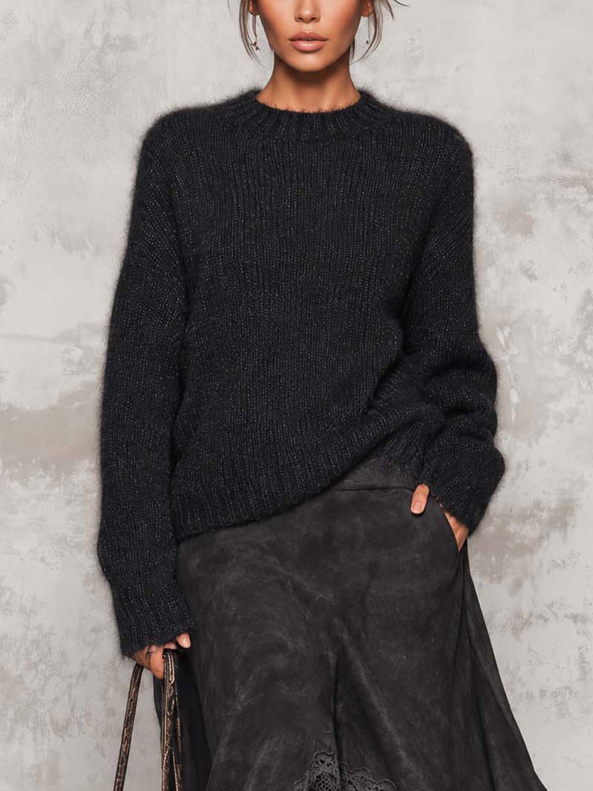 Black Chunky Knit Sweater And Washed Charcoal Faux Suede Lace-Hem Midi Skirt Set