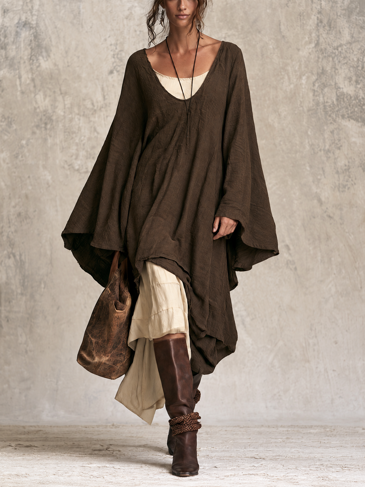 Dark Brown Crinkled Linen Oversized Kaftan Midi Dress