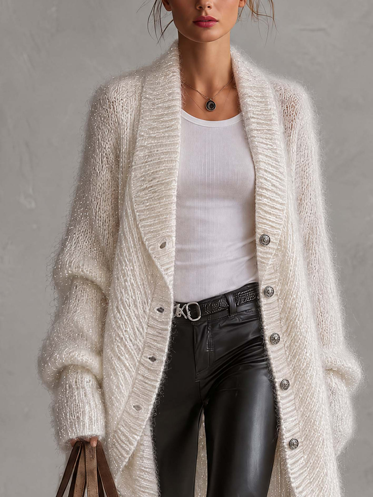 Ivory Shimmer Fuzzy Knit Cardigan With Silver Buttons And Asymmetric Hem