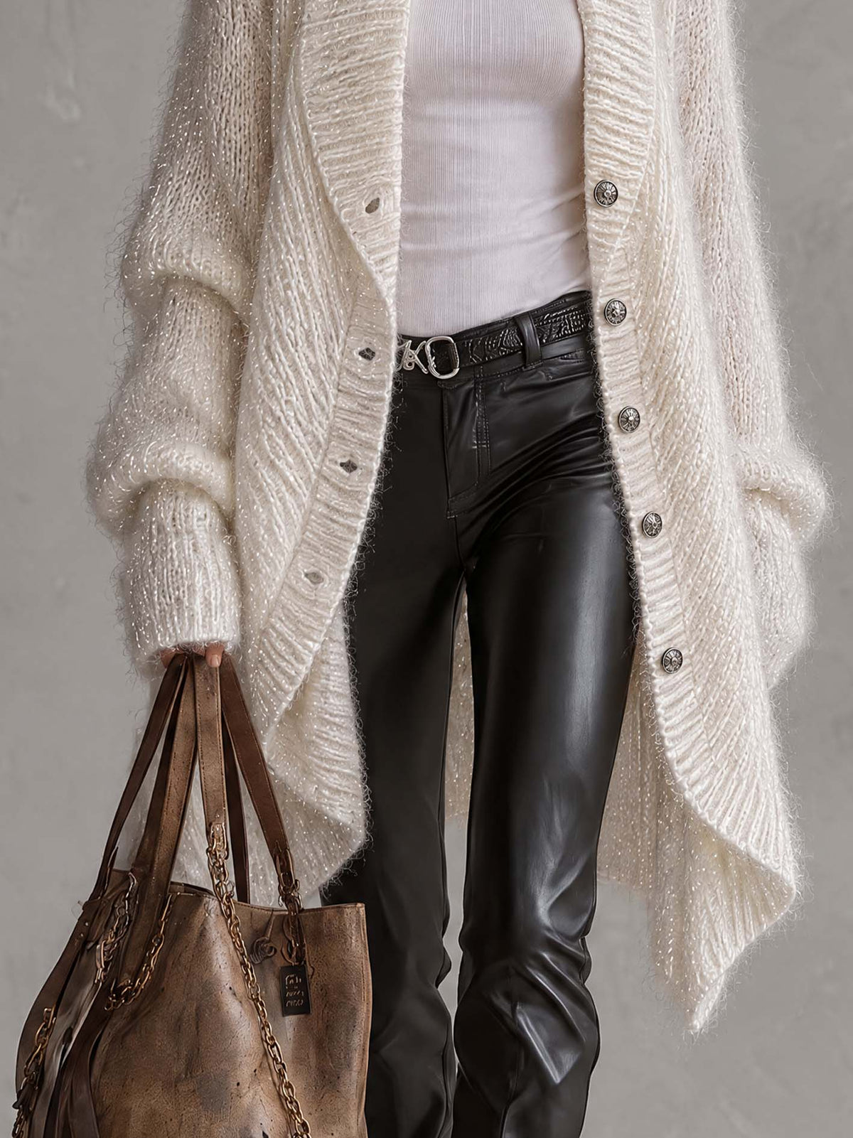 Ivory Shimmer Fuzzy Knit Cardigan With Silver Buttons And Asymmetric Hem
