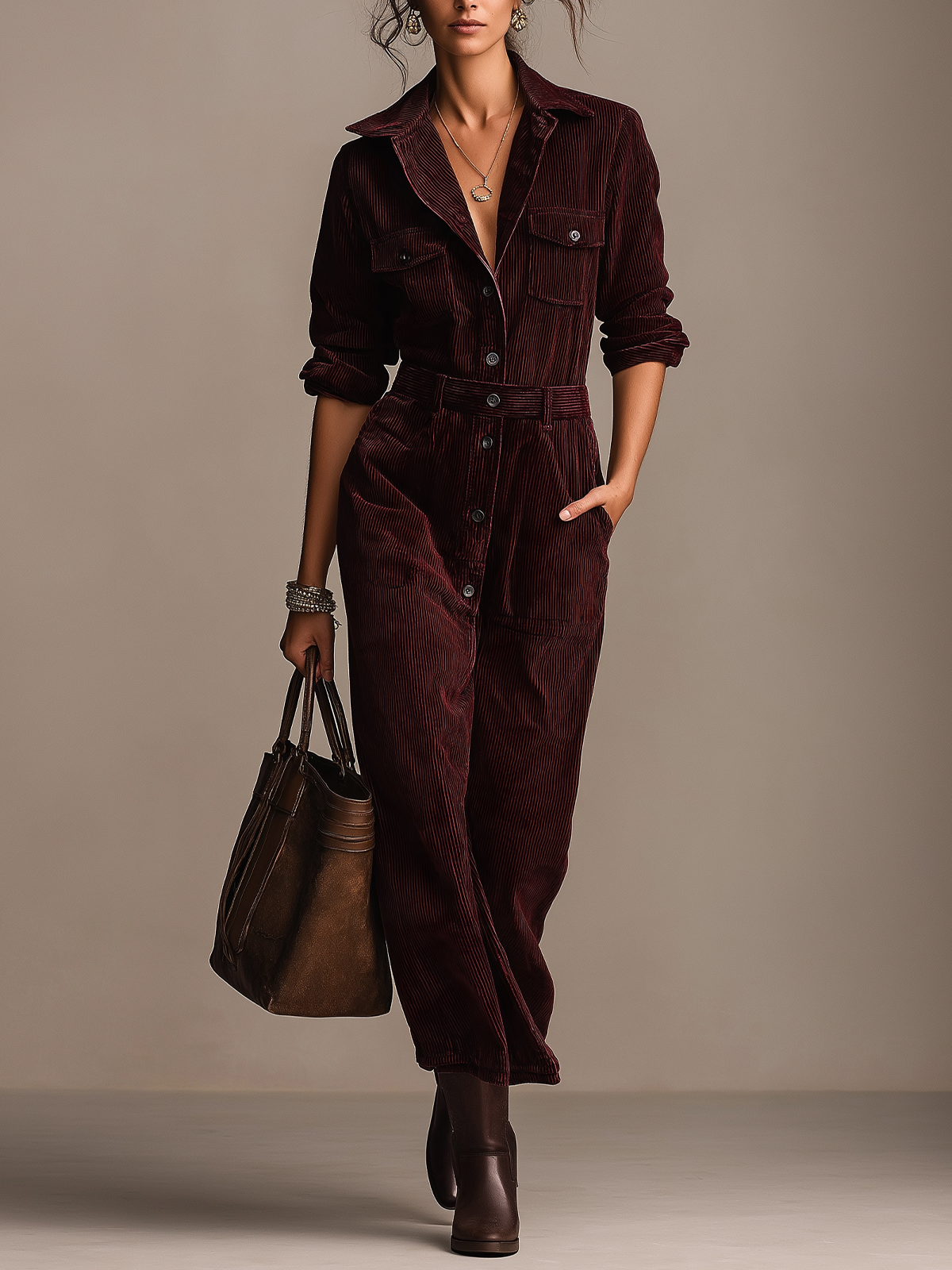 Burgundy Corduroy Collared Long Sleeve Maxi Dress
