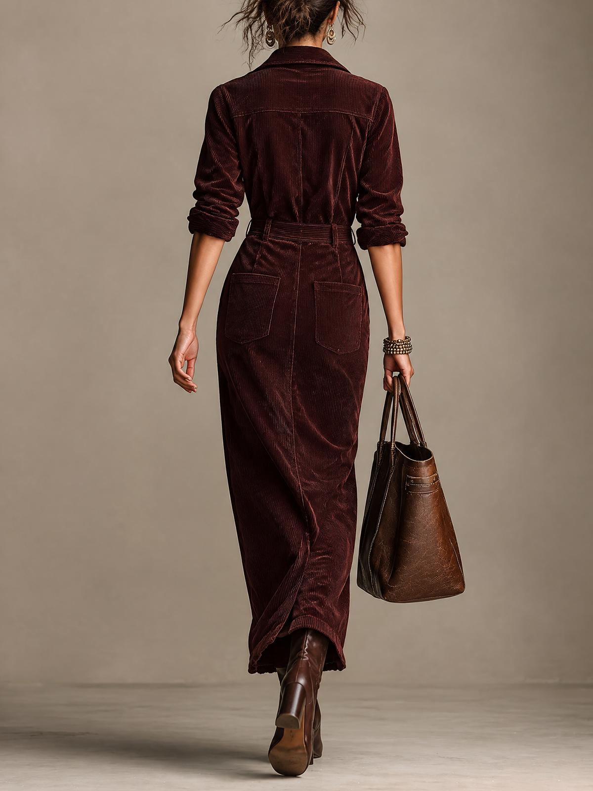 Burgundy Corduroy Collared Long Sleeve Maxi Dress