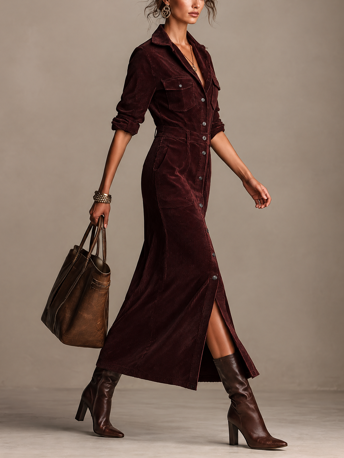 Burgundy Corduroy Collared Long Sleeve Maxi Dress