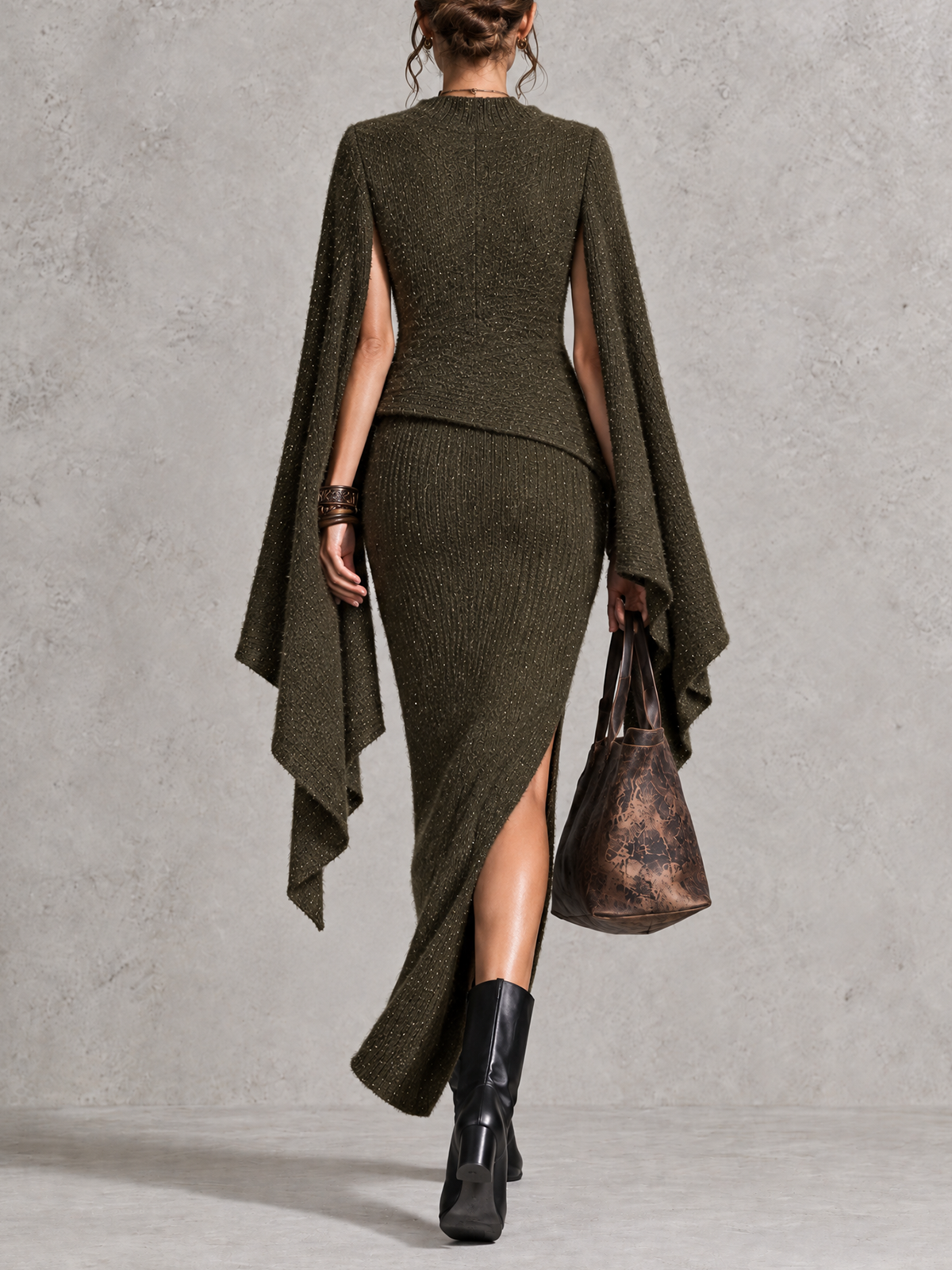 Olive Sparkle Knit Cape Top And Side Slit Midi Skirt Set