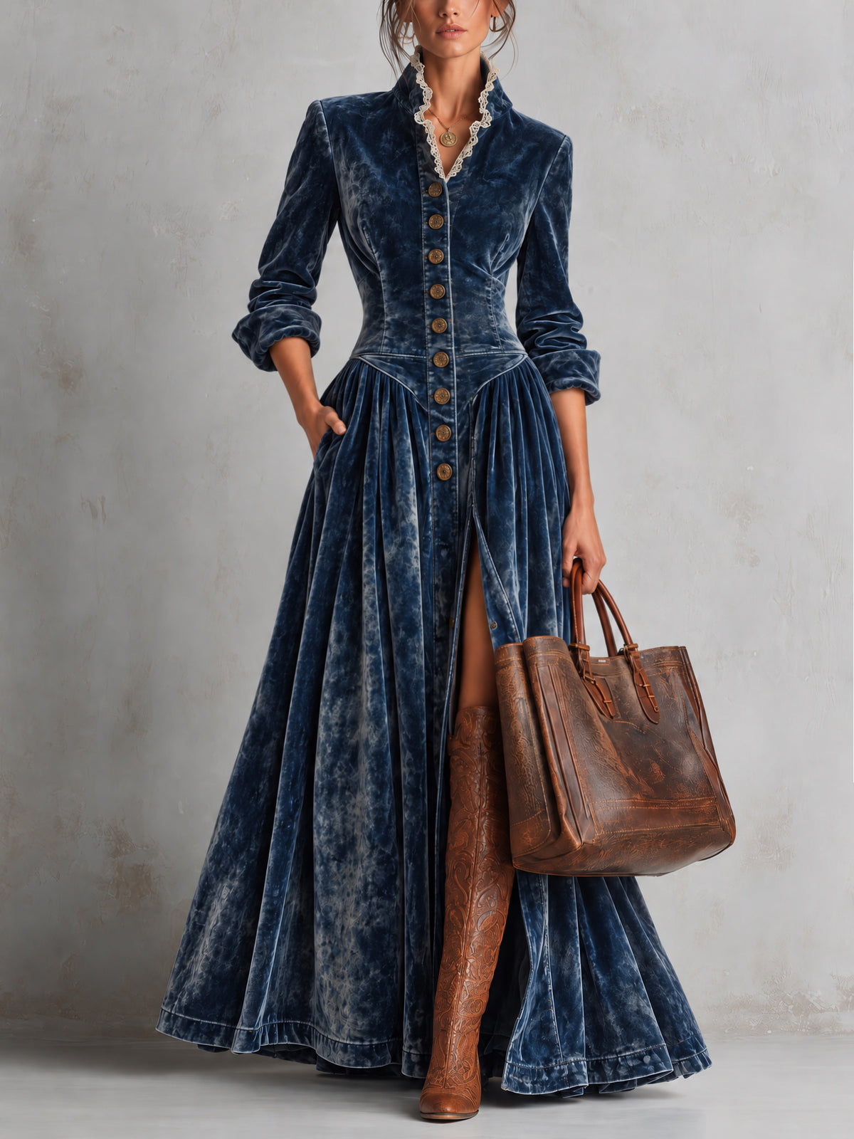 Blue Velvet Stand Collar Button Front Slit Maxi Dress