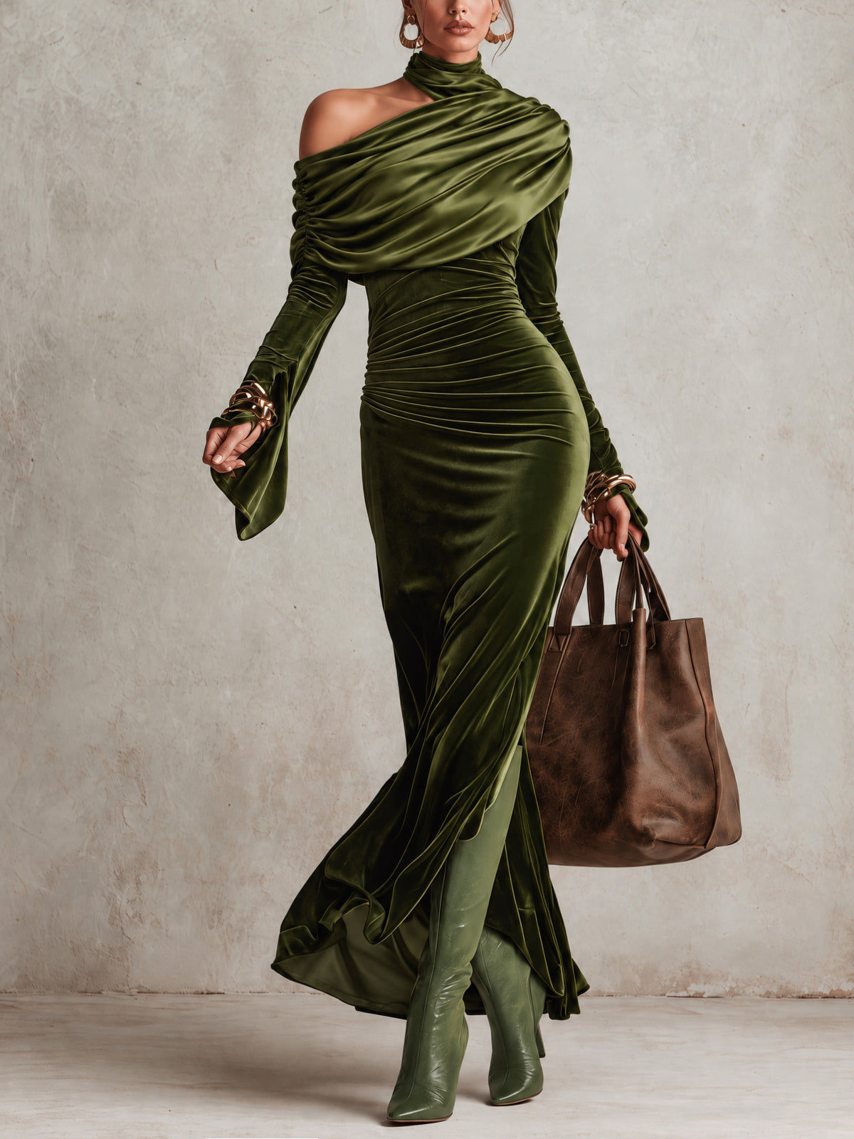 Olive Green Velvet Satin Panelled One Shoulder Turtleneck Bodycon Dress